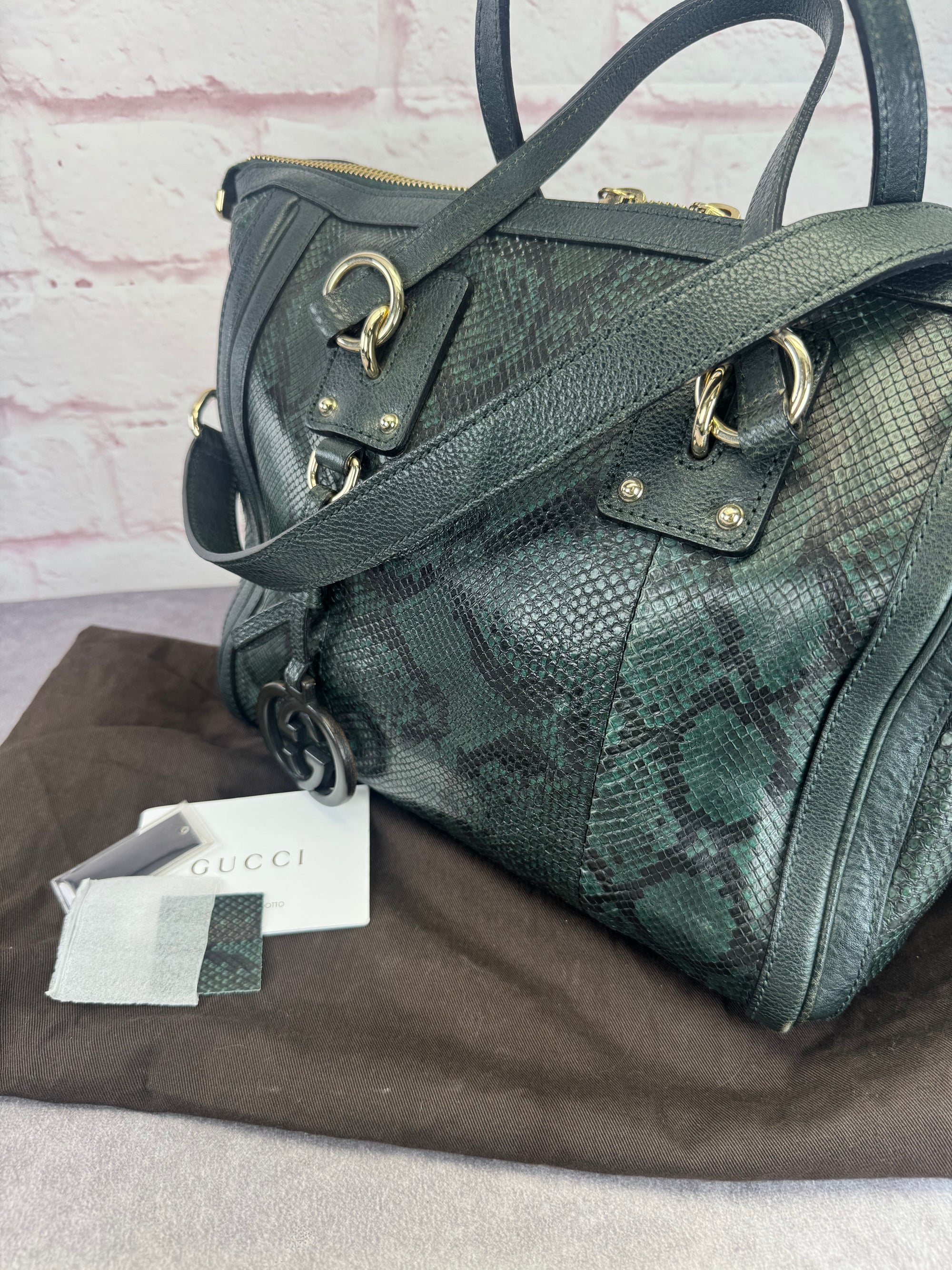 Gucci Teal Python Embossed Charm 2 Way Tote Bag