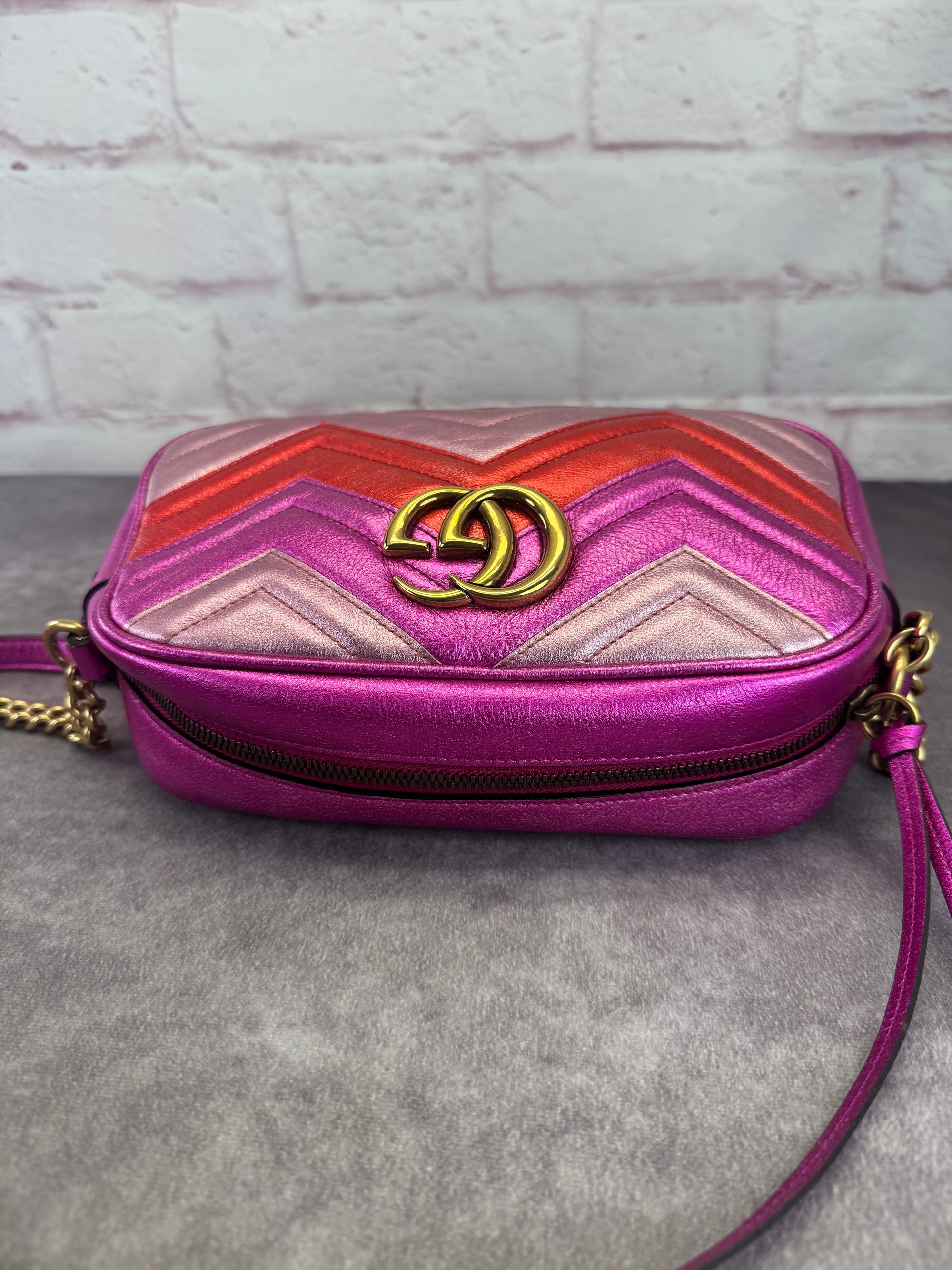 Gucci Marmont Matelasse Chevron Quilted Nappa Laminated Camera Bag