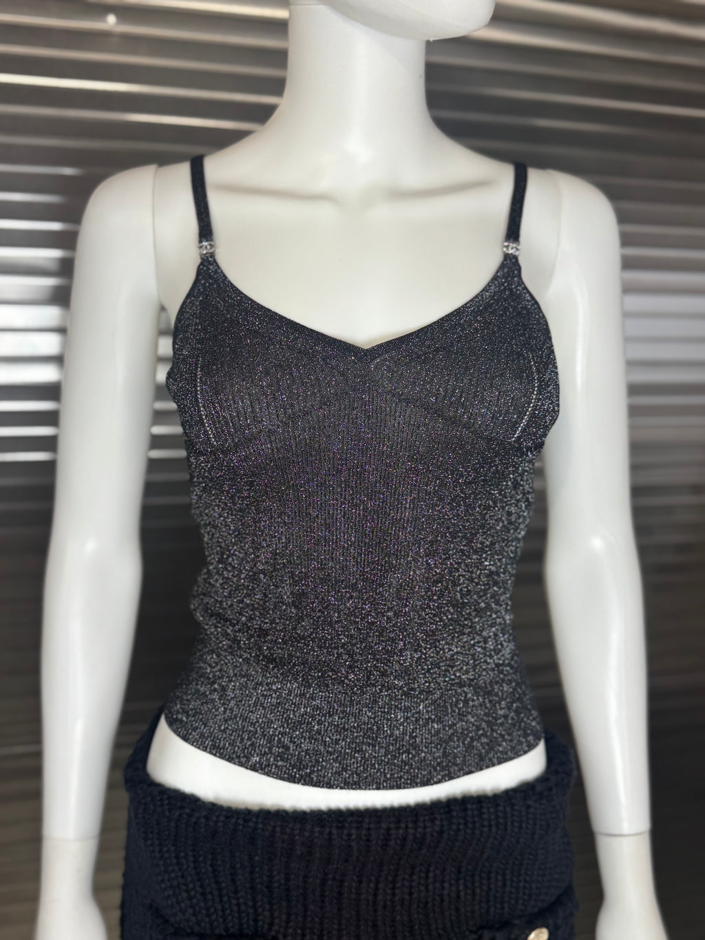 Chanel CC Crystal Logo Black Shimmery Camisole Tank FR 40