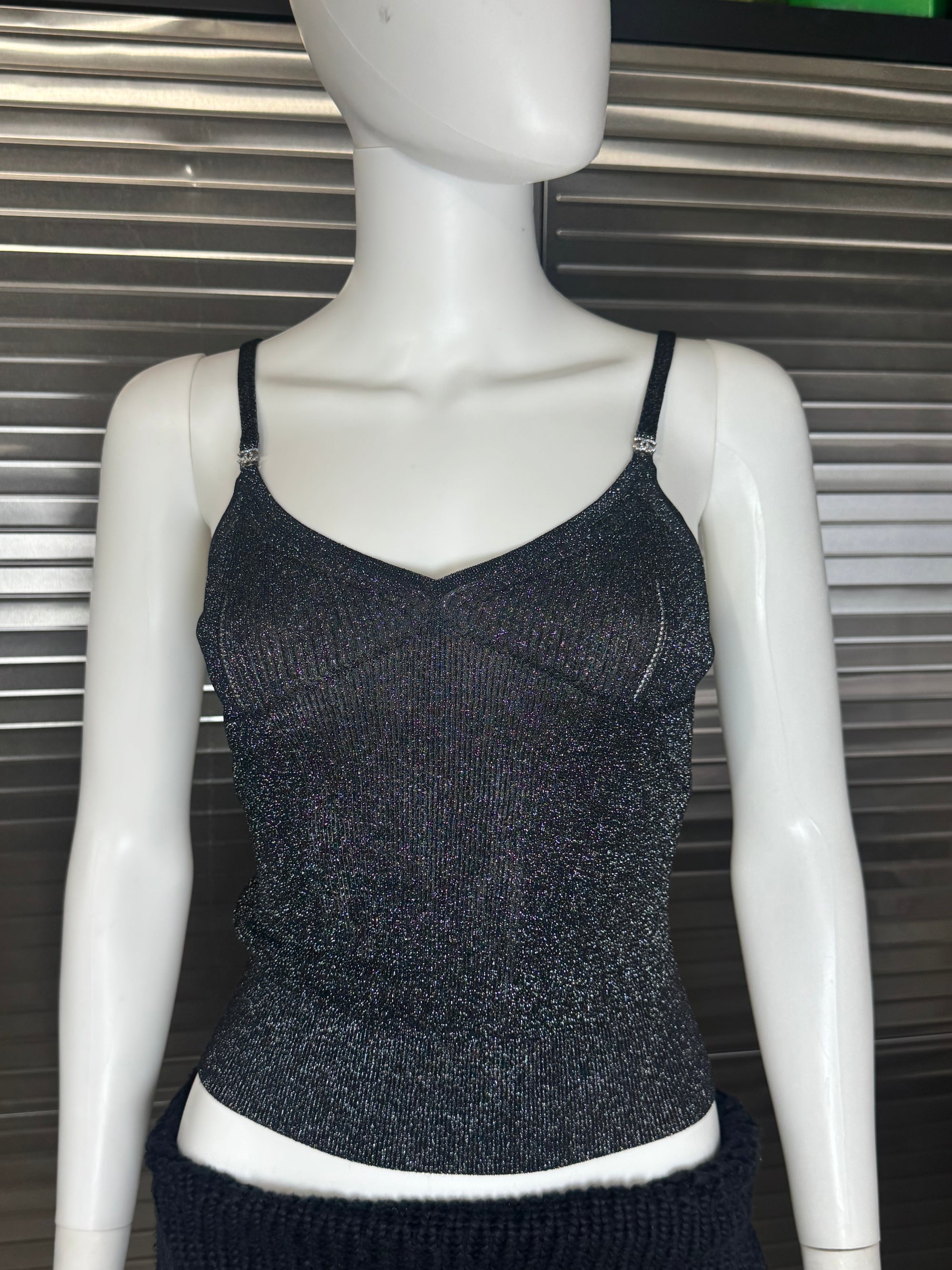 Chanel CC Crystal Logo Black Shimmery Camisole Tank FR 40