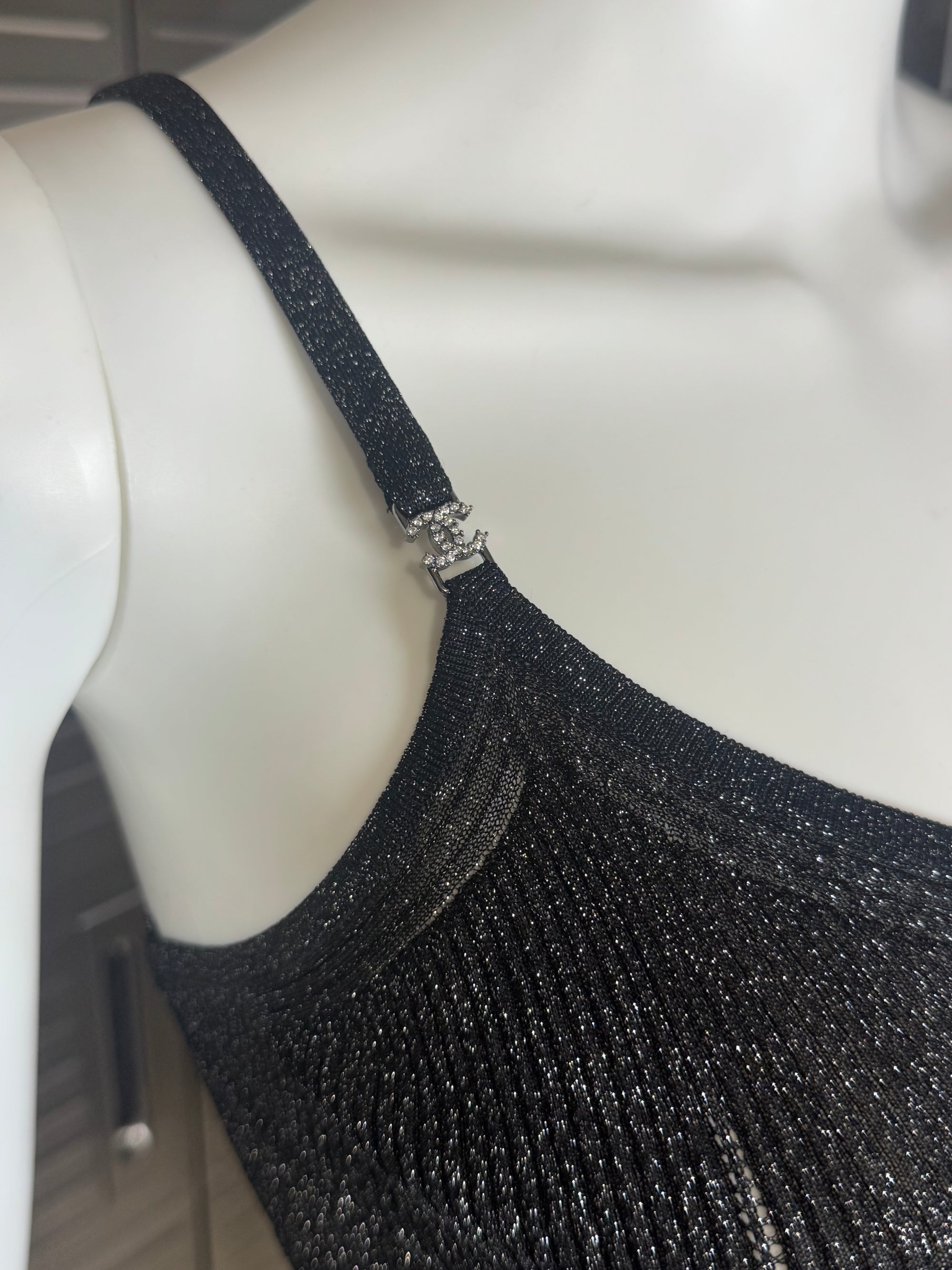 Chanel CC Crystal Logo Black Shimmery Camisole Tank FR 40