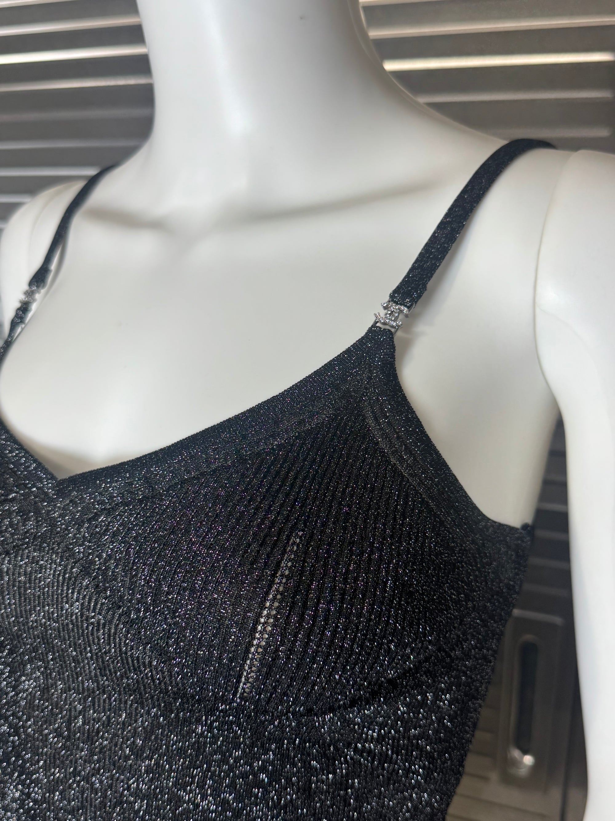 Chanel CC Crystal Logo Black Shimmery Camisole Tank FR 40