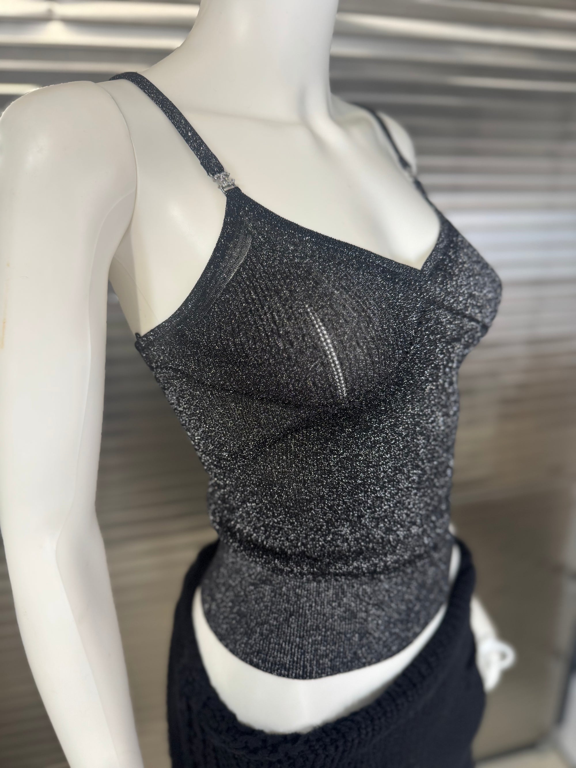 Chanel CC Crystal Logo Black Shimmery Camisole Tank FR 40