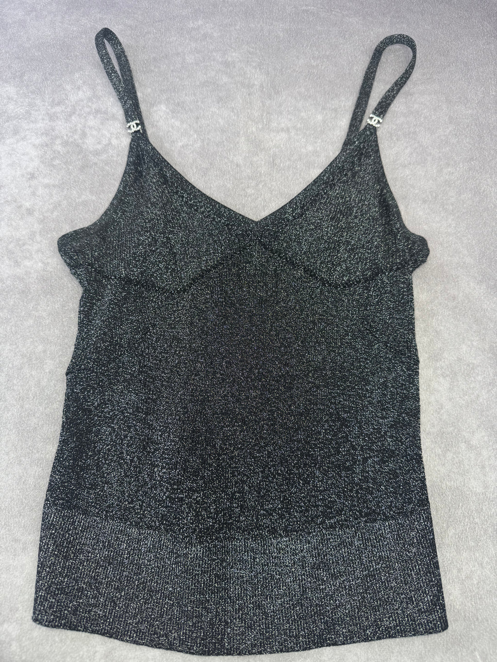 Chanel CC Crystal Logo Black Shimmery Camisole Tank FR 40