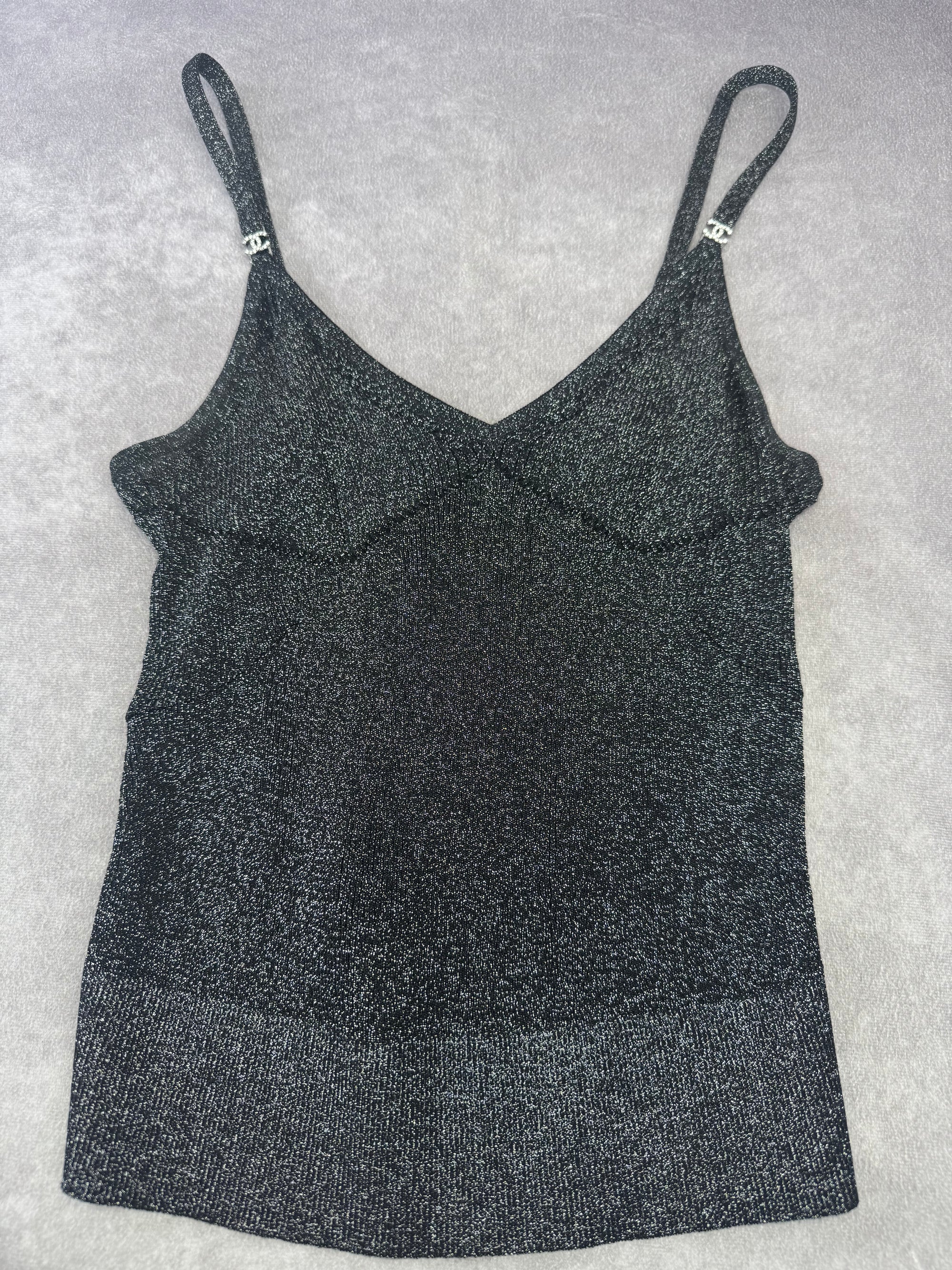 Chanel CC Crystal Logo Black Shimmery Camisole Tank FR 40