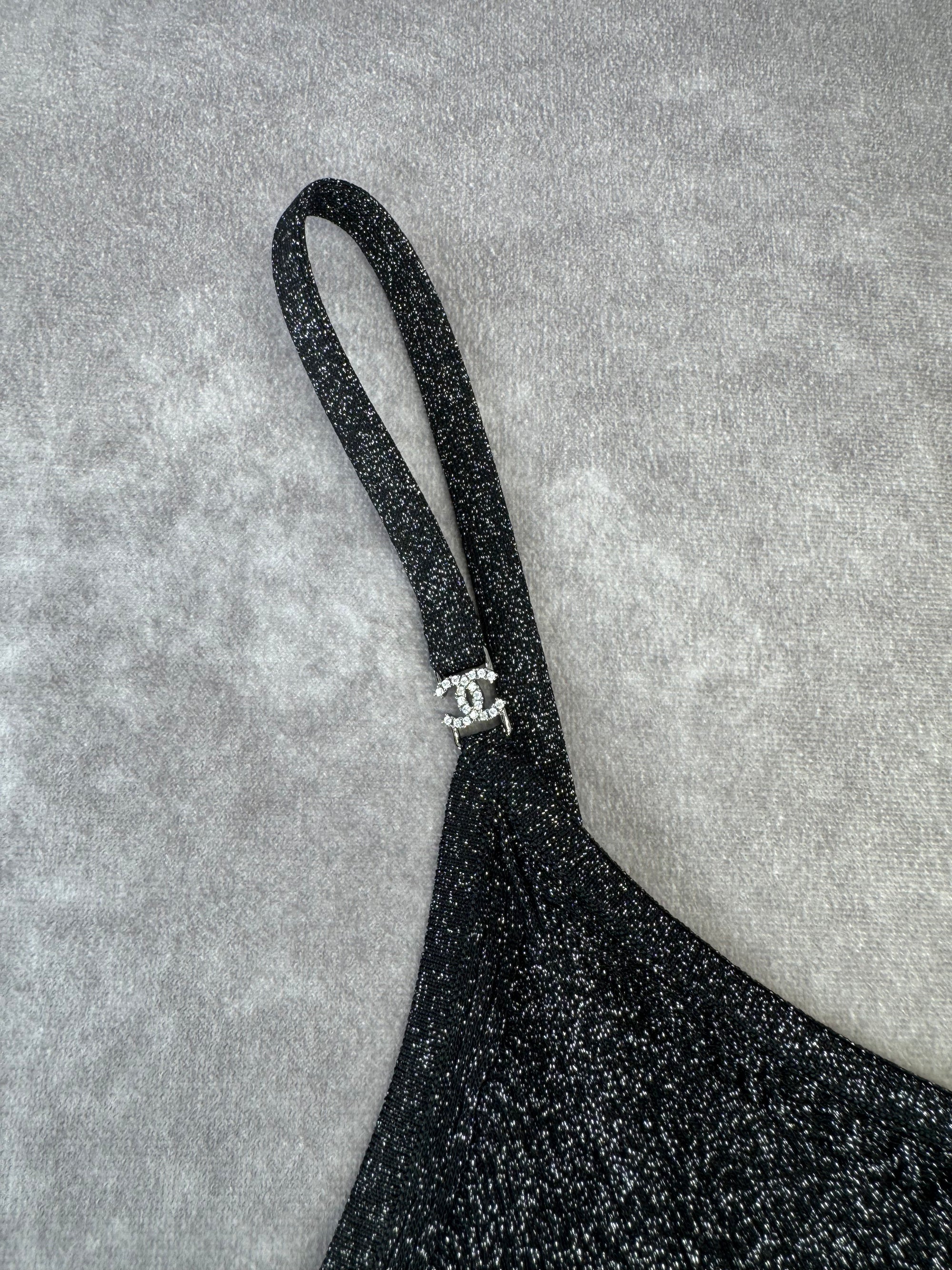 Chanel CC Crystal Logo Black Shimmery Camisole Tank FR 40