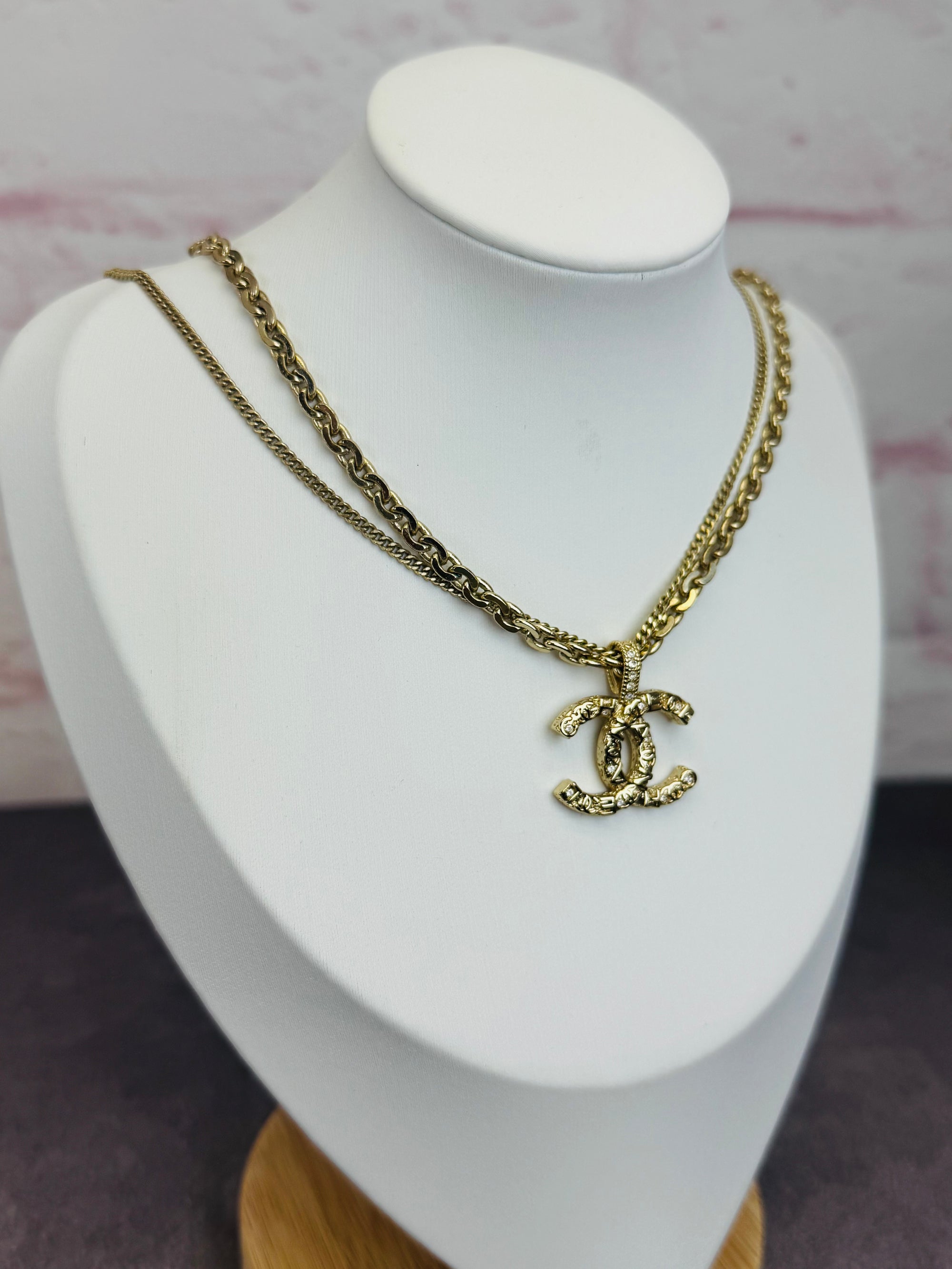 Chanel 21P Metal Double Layer Embossed Pendant CC Necklace
