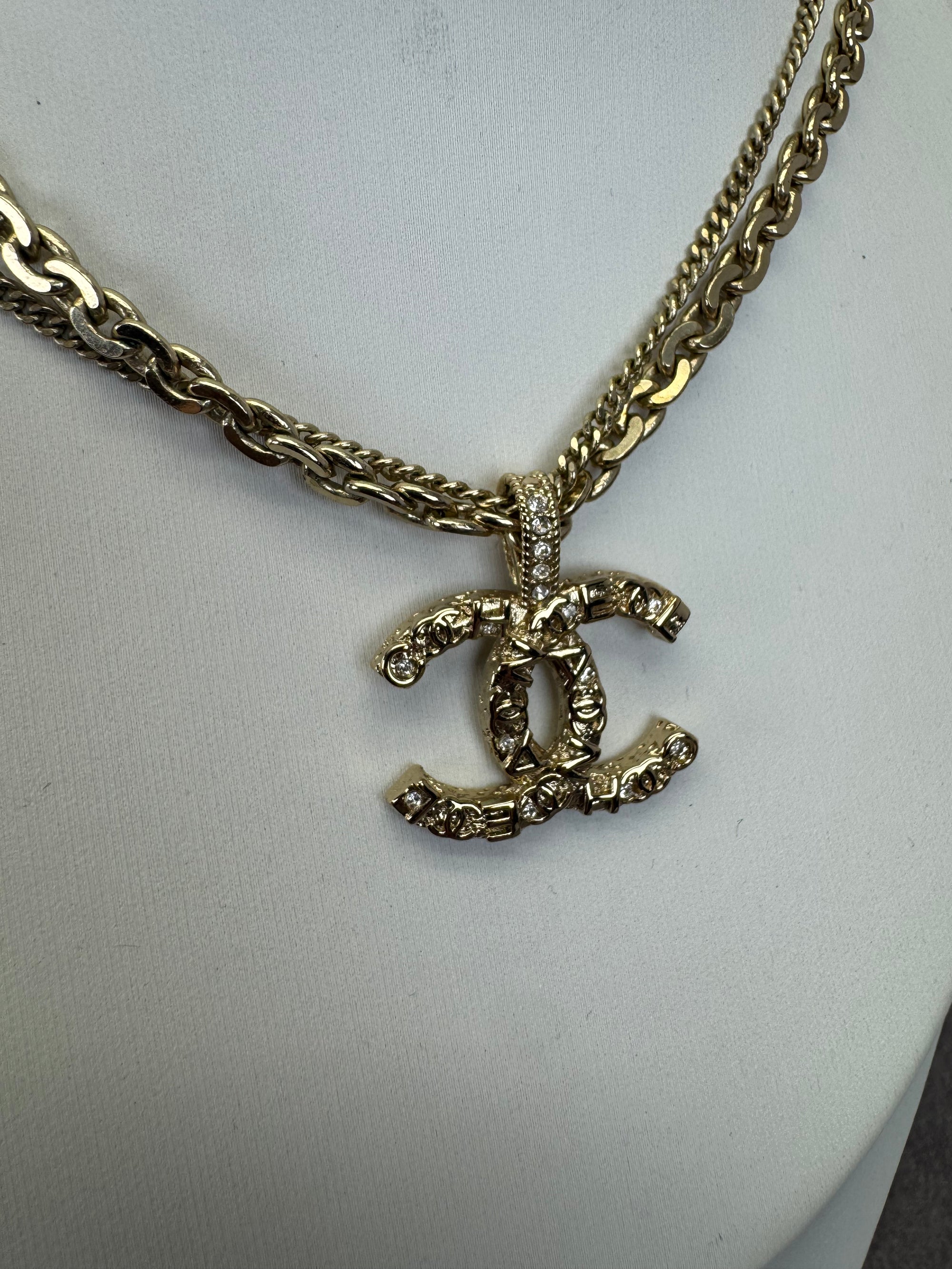 Chanel 21P Metal Double Layer Embossed Pendant CC Necklace