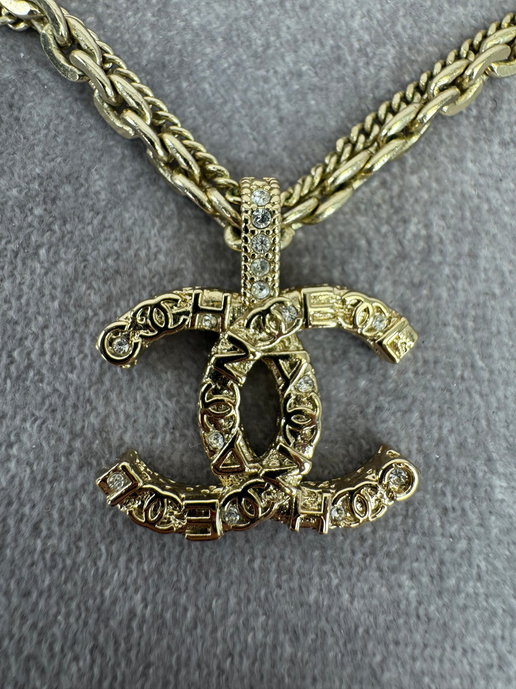 Chanel 21P Metal Double Layer Embossed Pendant CC Necklace