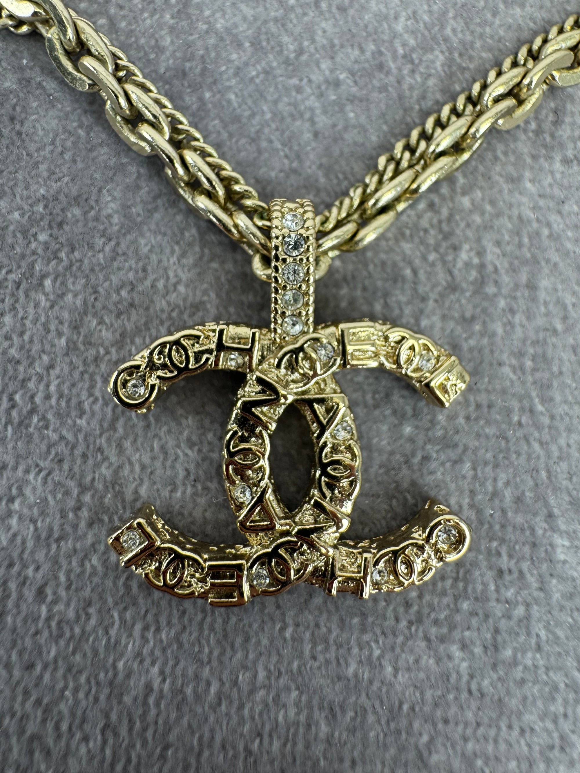 Chanel 21P Metal Double Layer Embossed Pendant CC Necklace