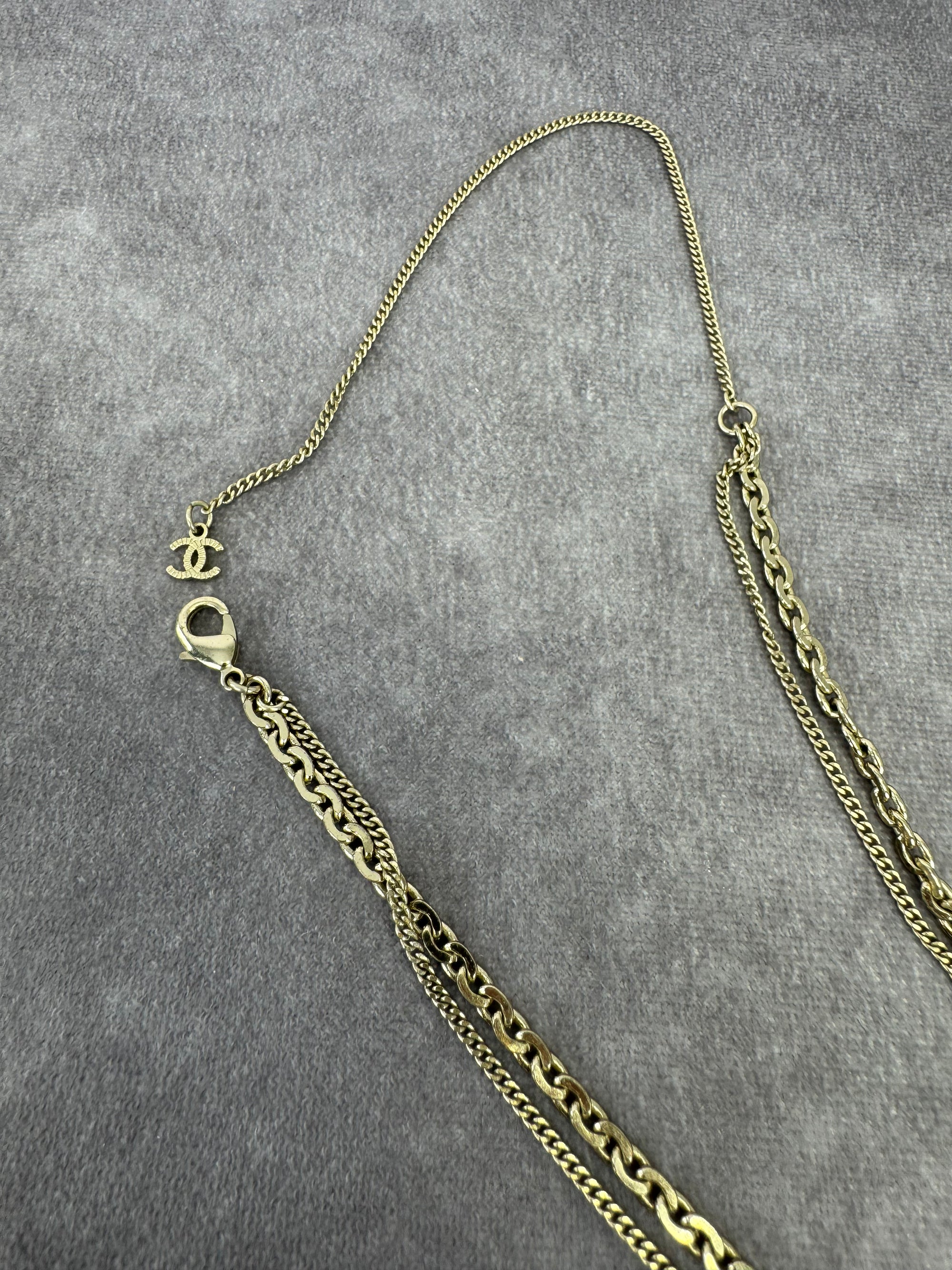 Chanel 21P Metal Double Layer Embossed Pendant CC Necklace