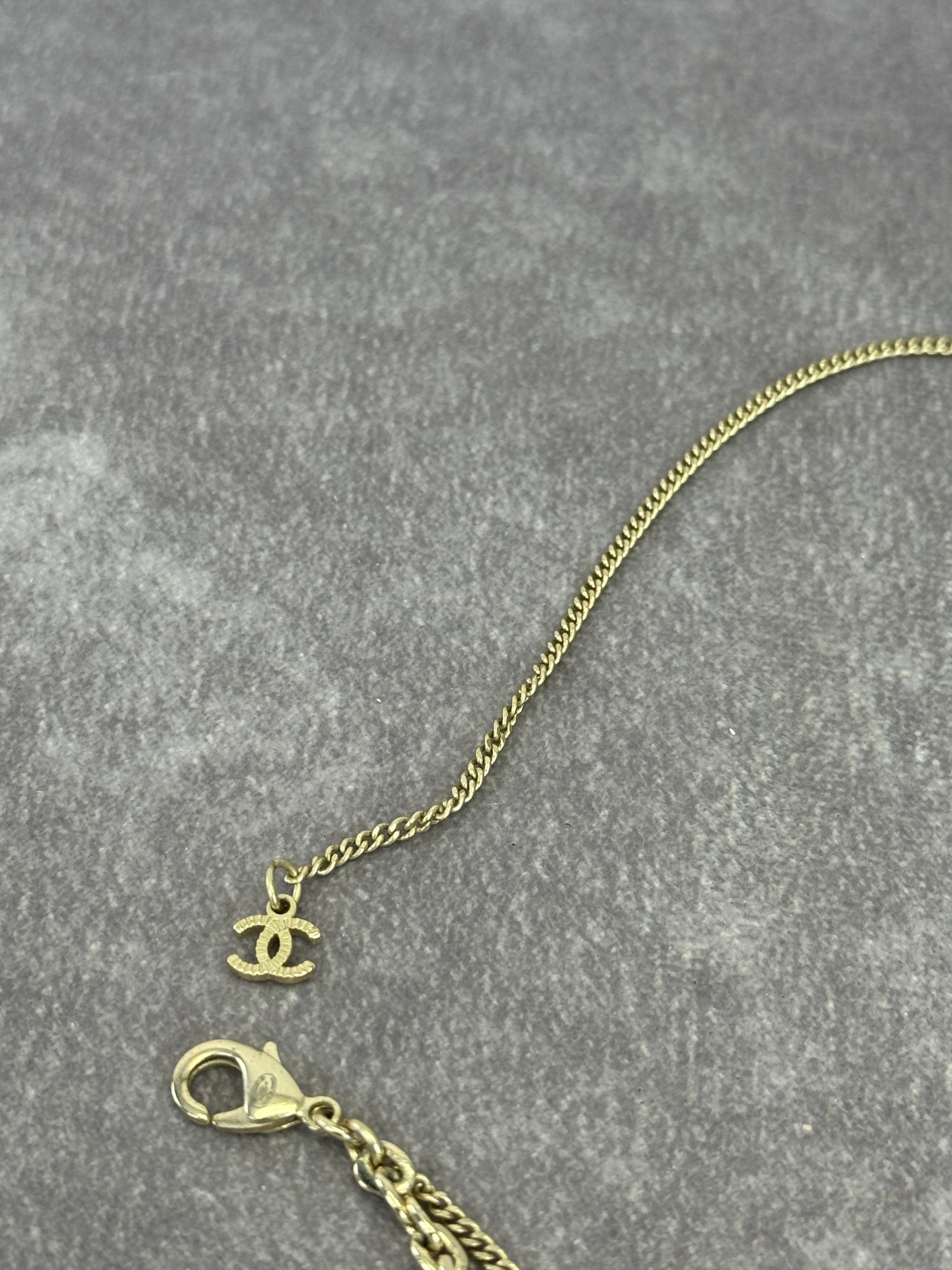 Chanel 21P Metal Double Layer Embossed Pendant CC Necklace