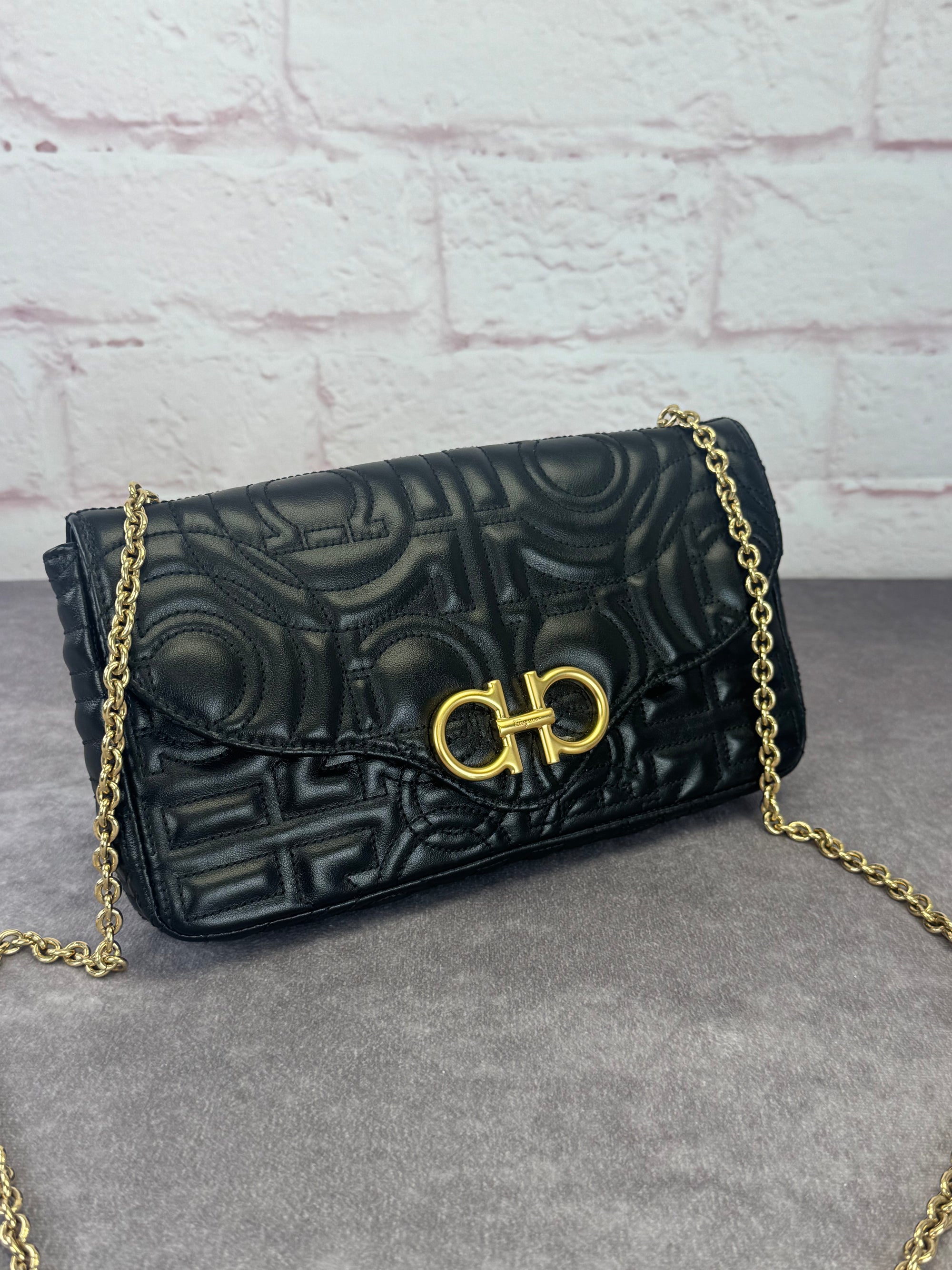 Salvatore Ferragamo Mufasa Gancini Black Quilted Leather Chain Bag