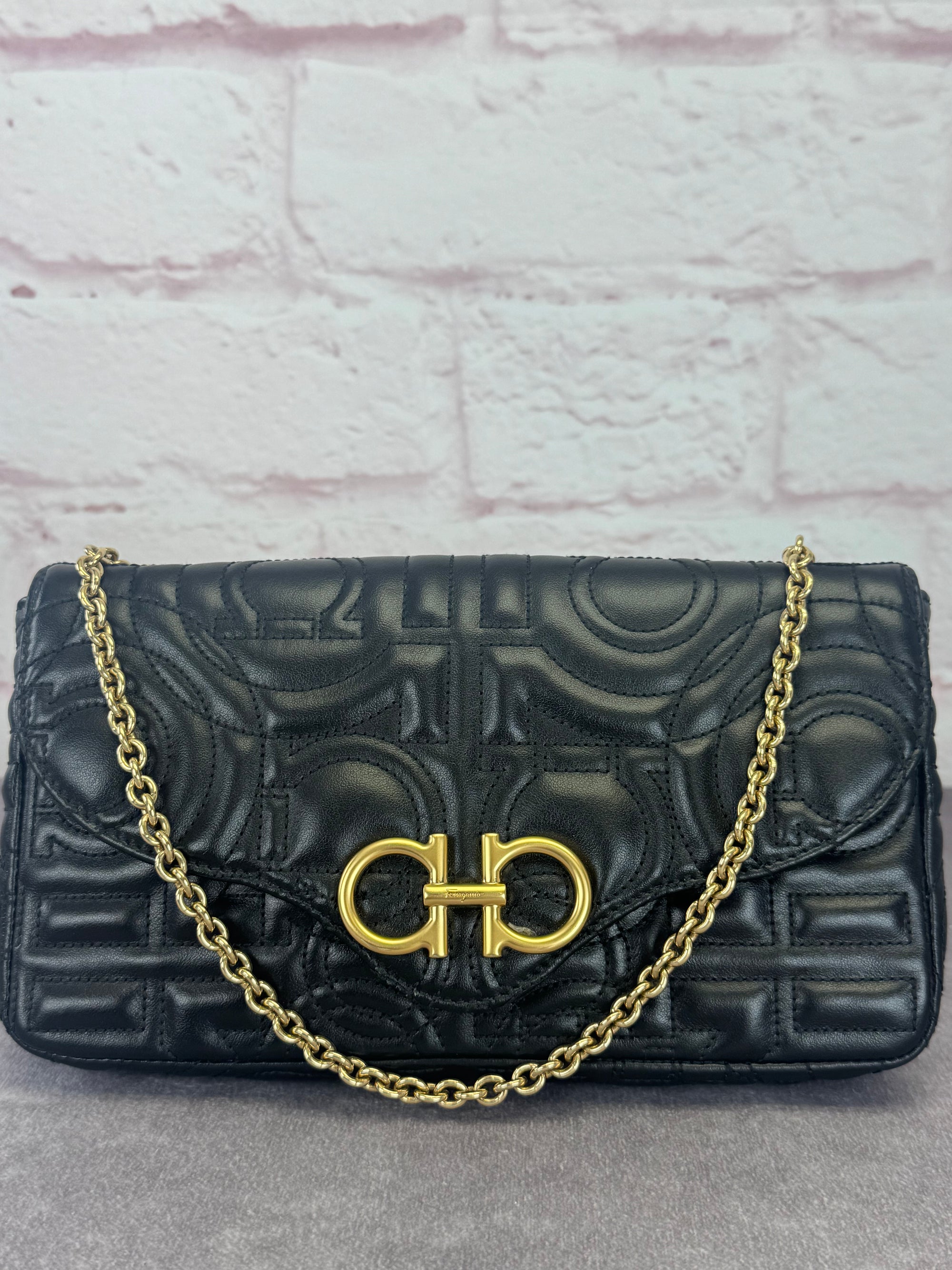 Salvatore Ferragamo Mufasa Gancini Black Quilted Leather Chain Bag