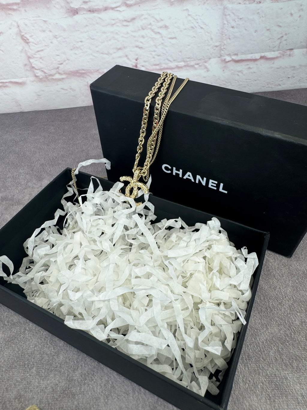 Chanel 21P Metal Double Layer Embossed Pendant CC Necklace