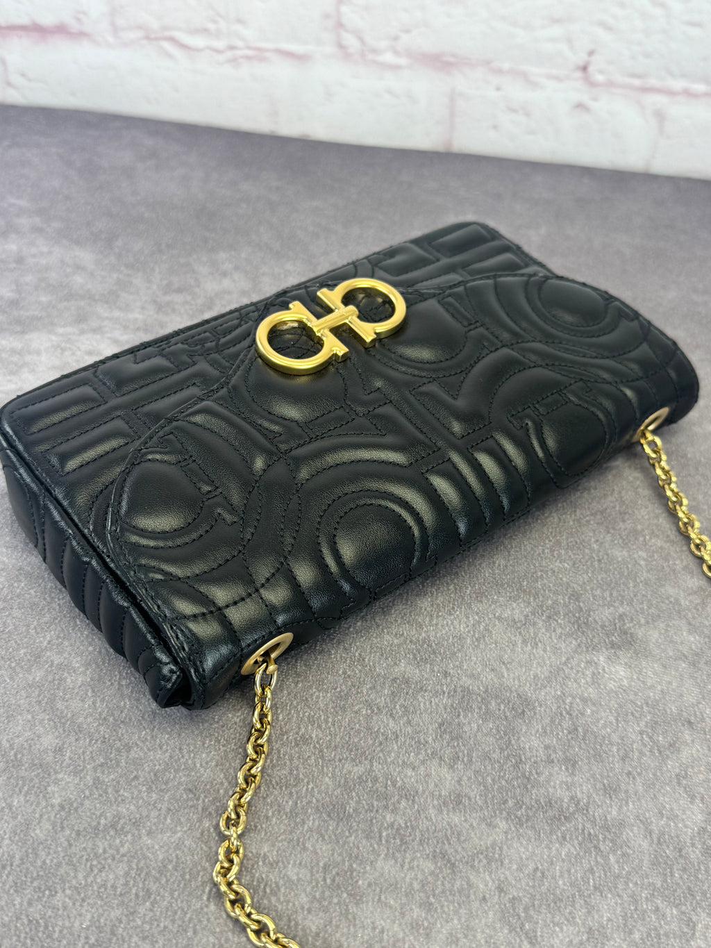 Salvatore Ferragamo Mufasa Gancini Black Quilted Leather Chain Bag