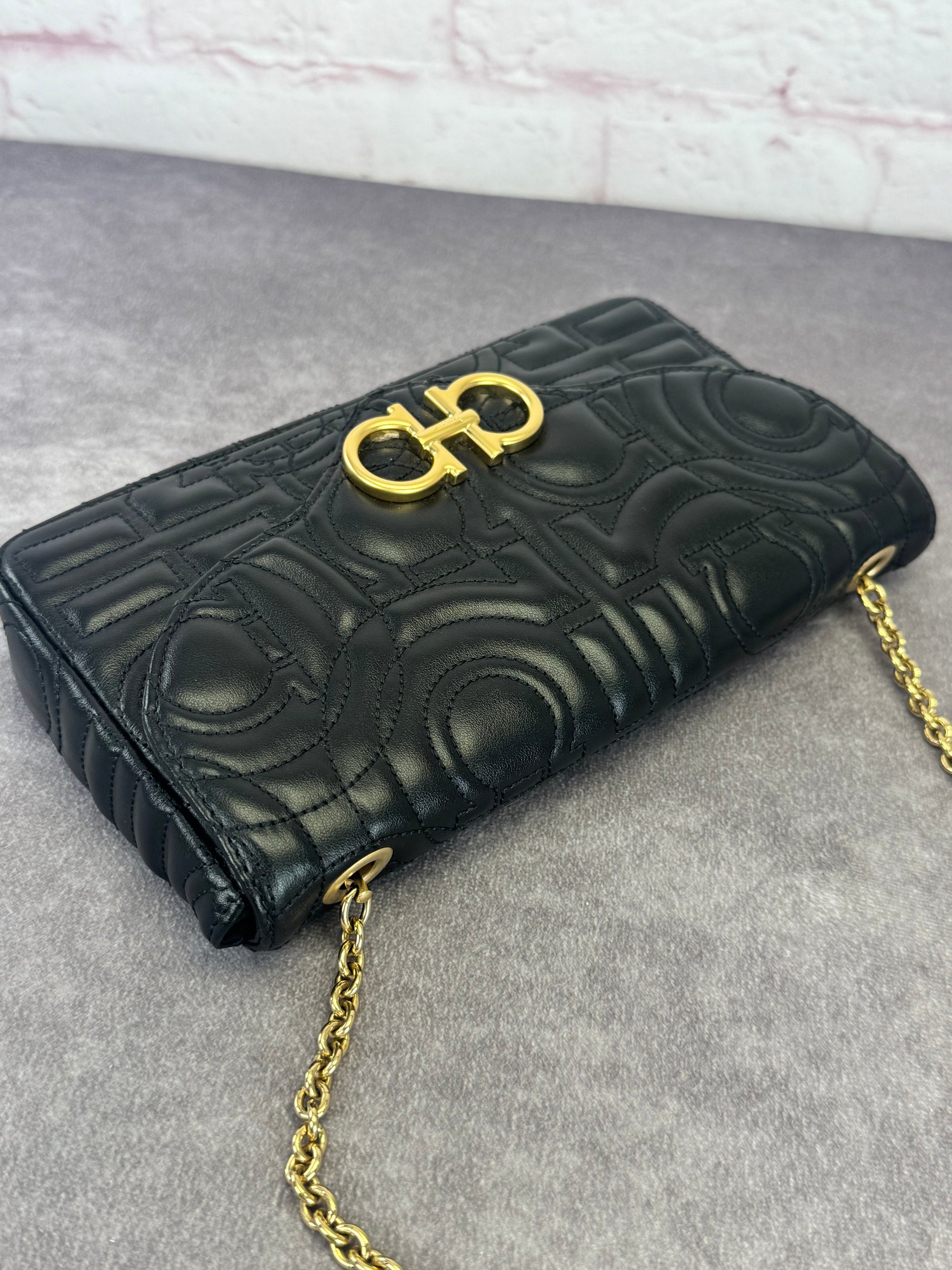 Salvatore Ferragamo Mufasa Gancini Black Quilted Leather Chain Bag