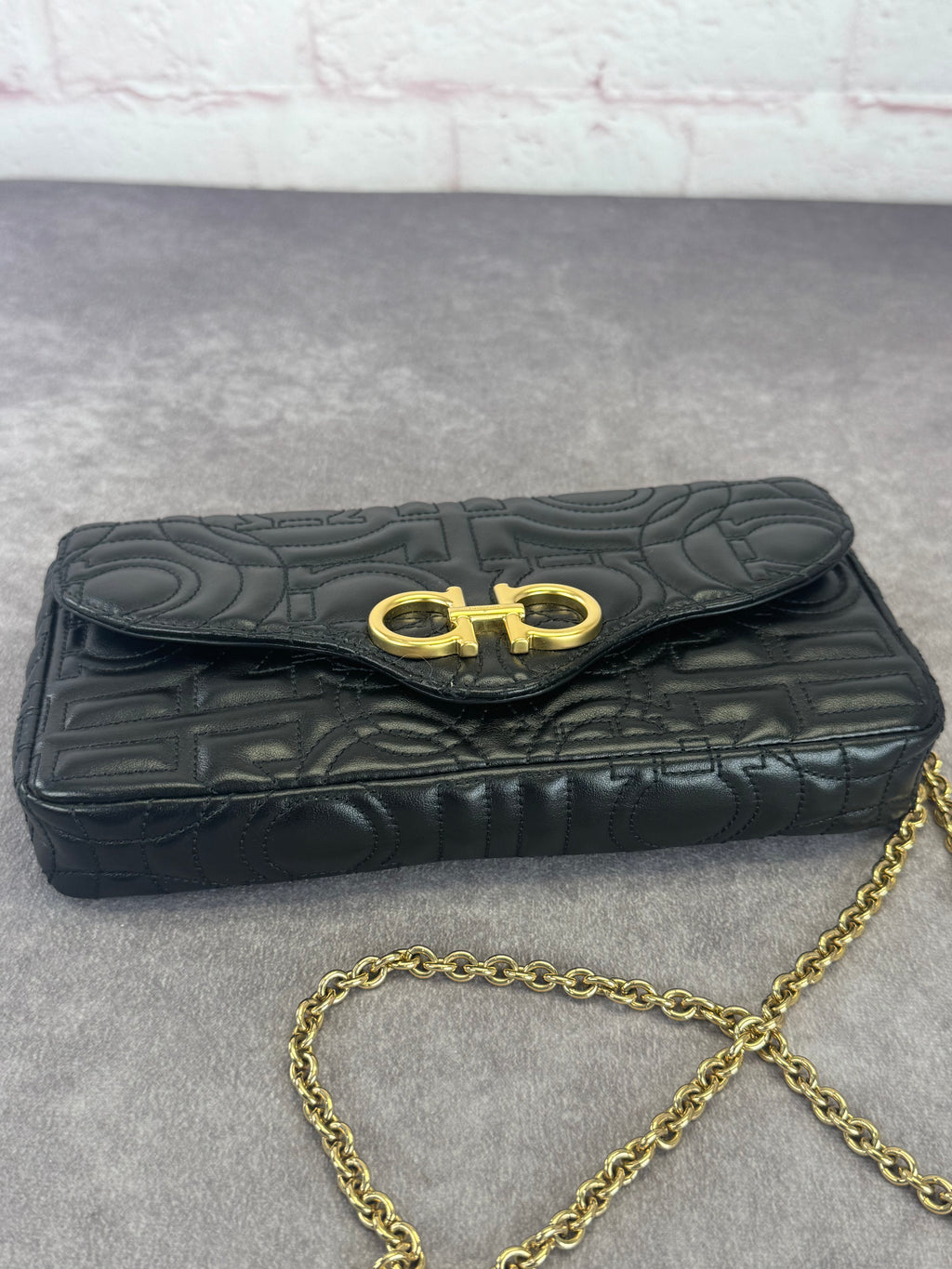 Salvatore Ferragamo Mufasa Gancini Black Quilted Leather Chain Bag