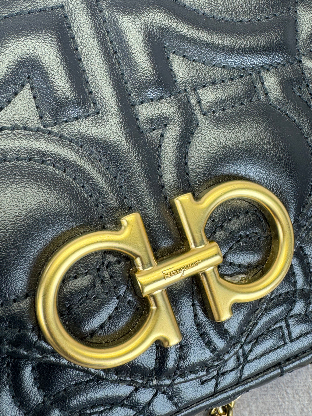 Salvatore Ferragamo Mufasa Gancini Black Quilted Leather Chain Bag