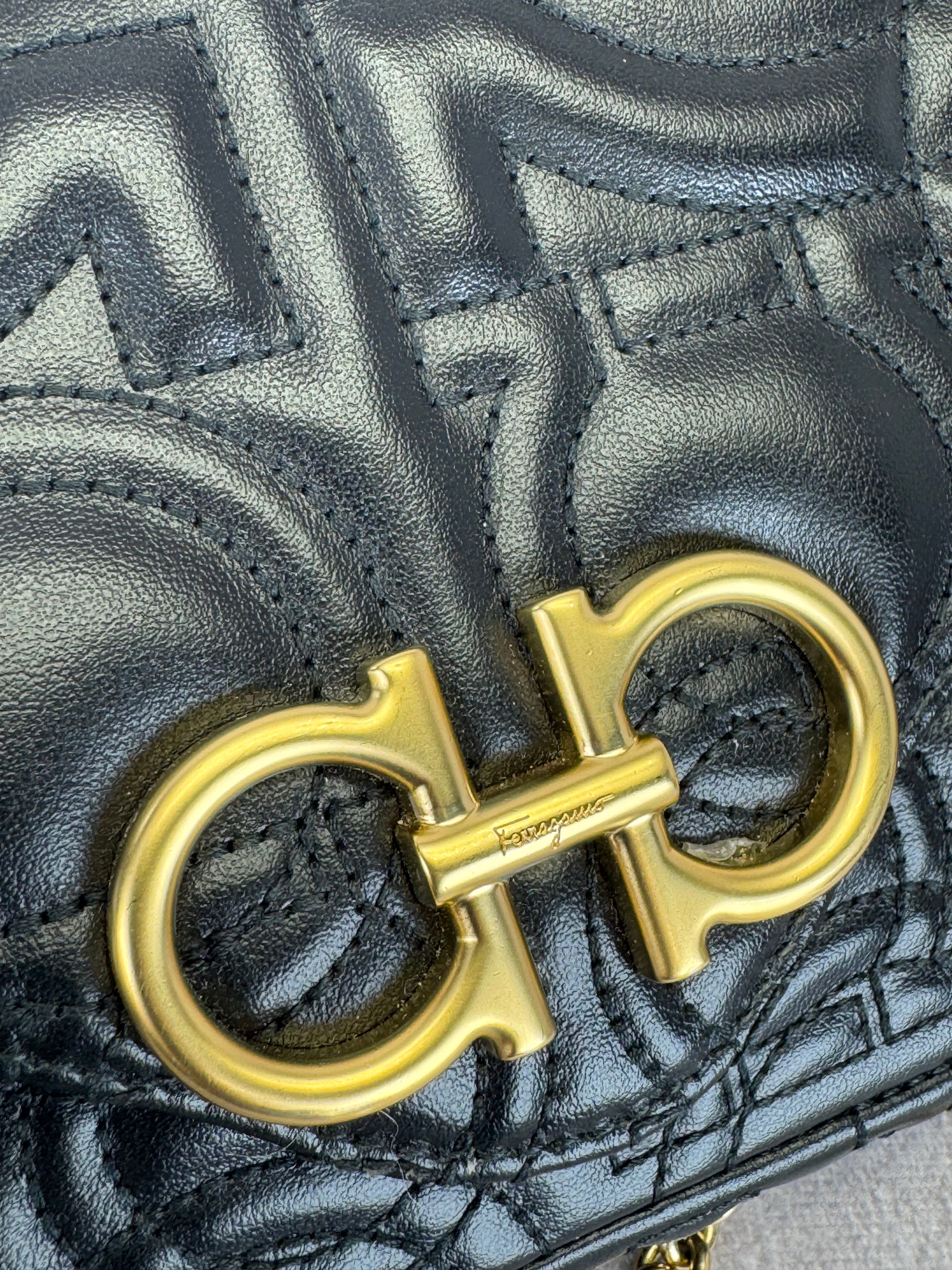 Salvatore Ferragamo Mufasa Gancini Black Quilted Leather Chain Bag