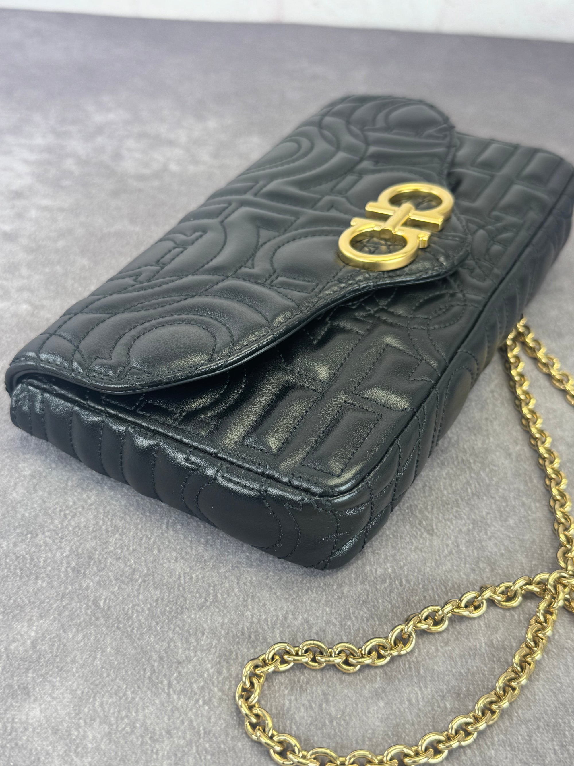 Salvatore Ferragamo Mufasa Gancini Black Quilted Leather Chain Bag