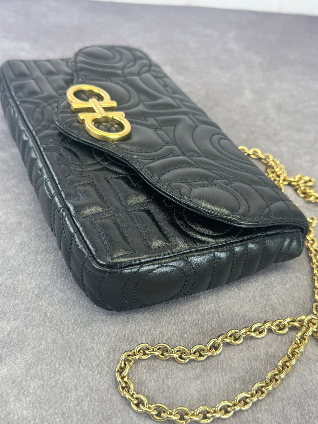 Salvatore Ferragamo Mufasa Gancini Black Quilted Leather Chain Bag