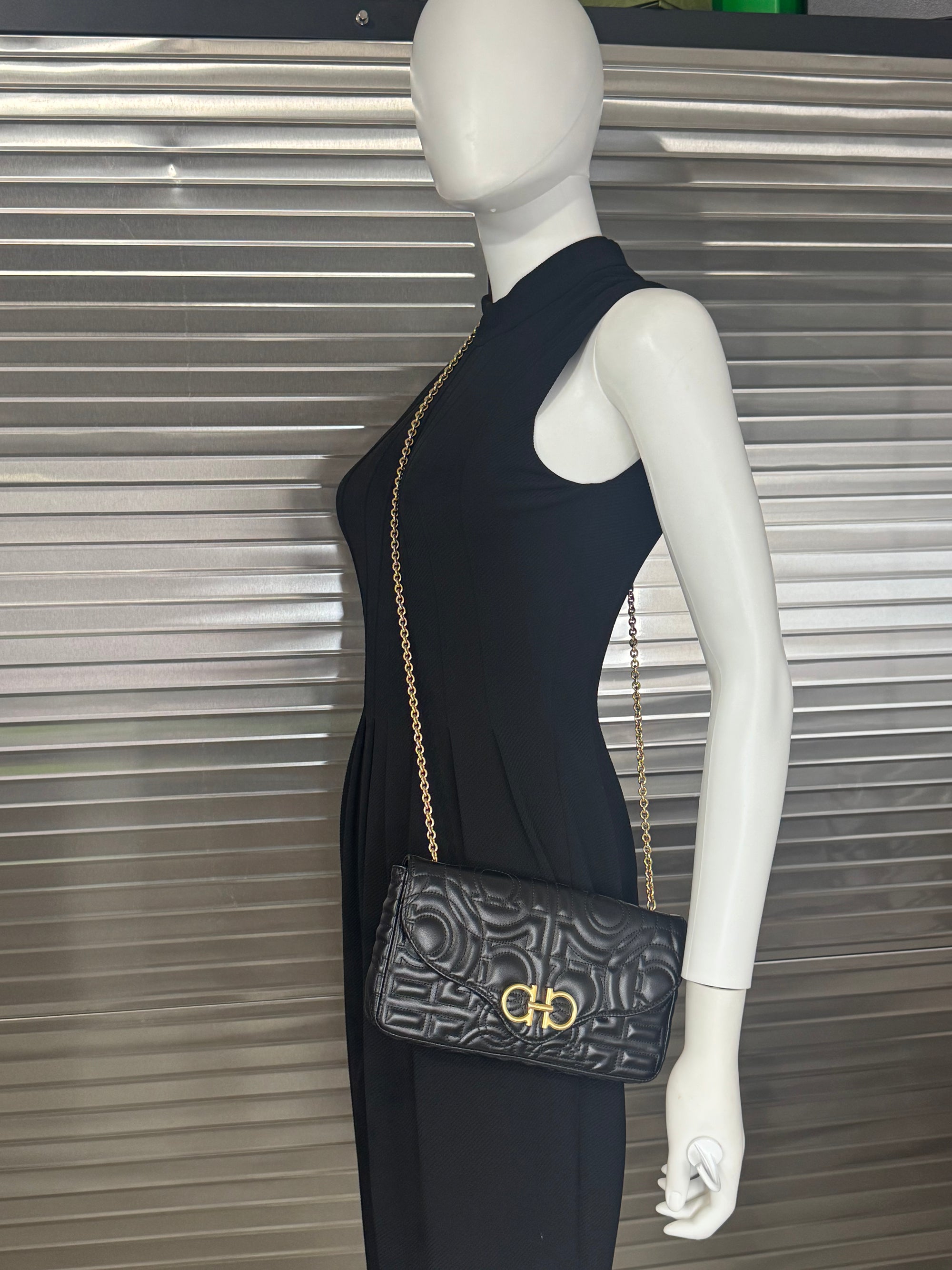 Salvatore Ferragamo Mufasa Gancini Black Quilted Leather Chain Bag