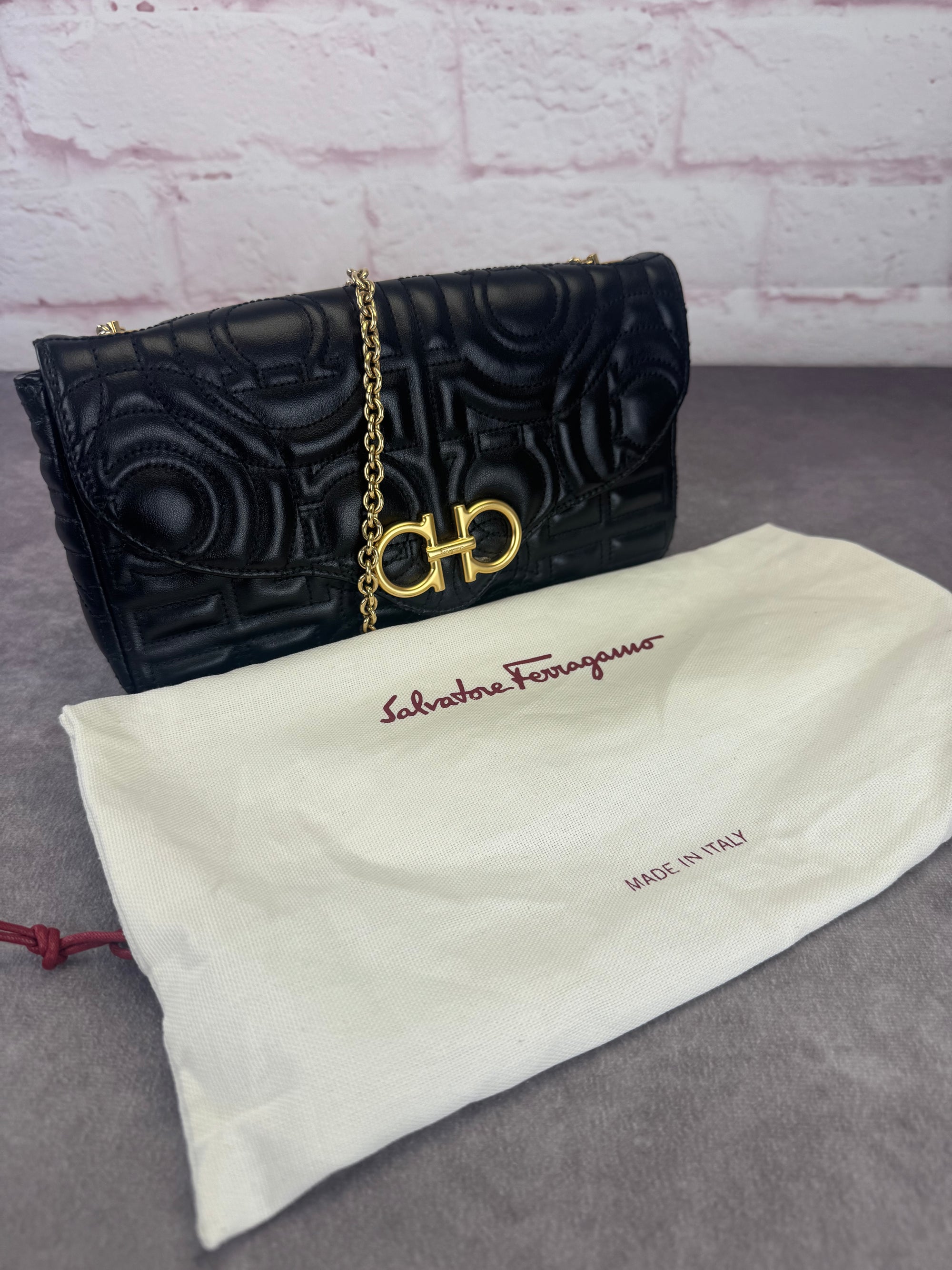 Salvatore Ferragamo Mufasa Gancini Black Quilted Leather Chain Bag