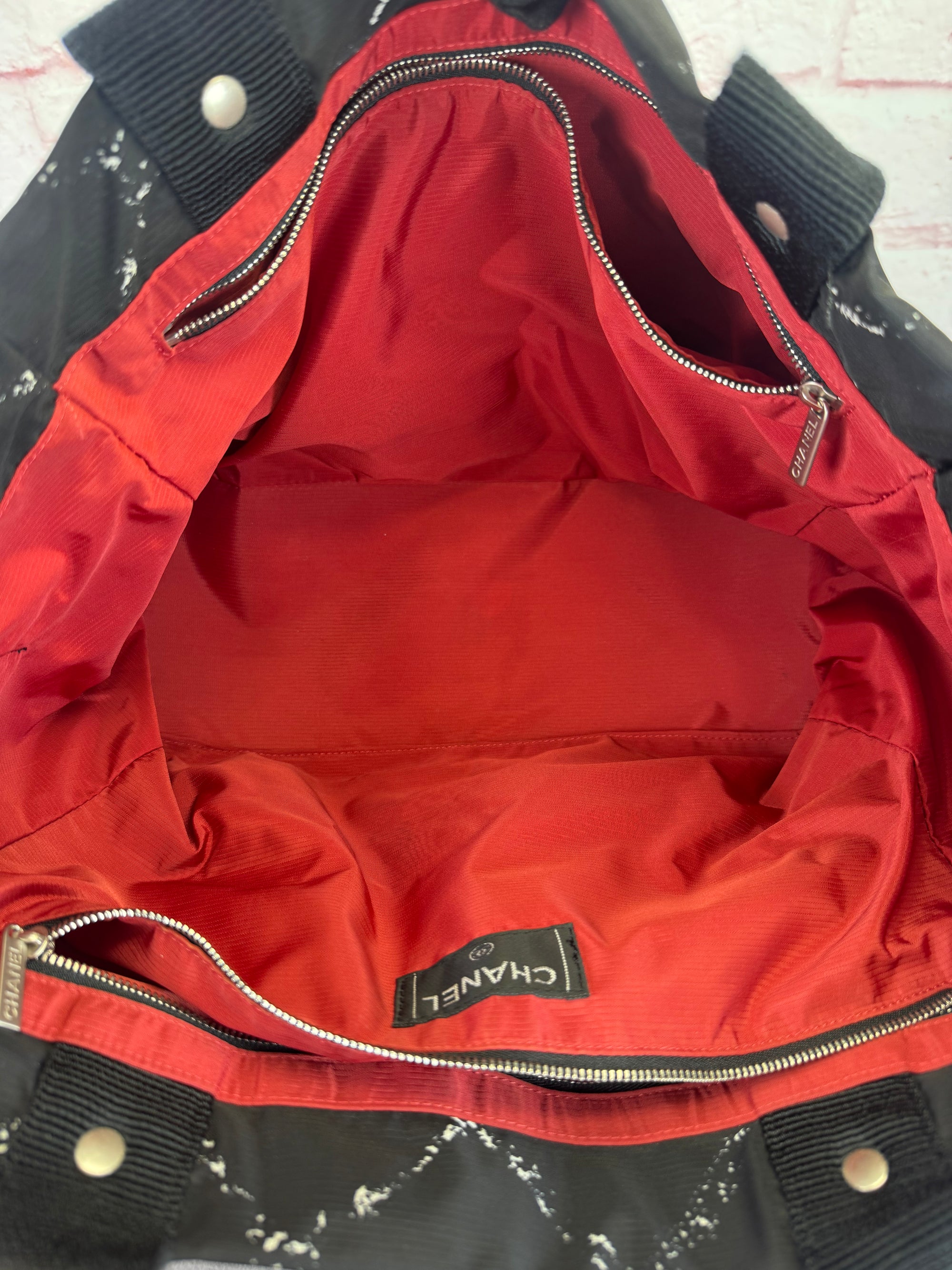 Chanel Travel Ligne Black Plaid Nylon Tote with Pouch