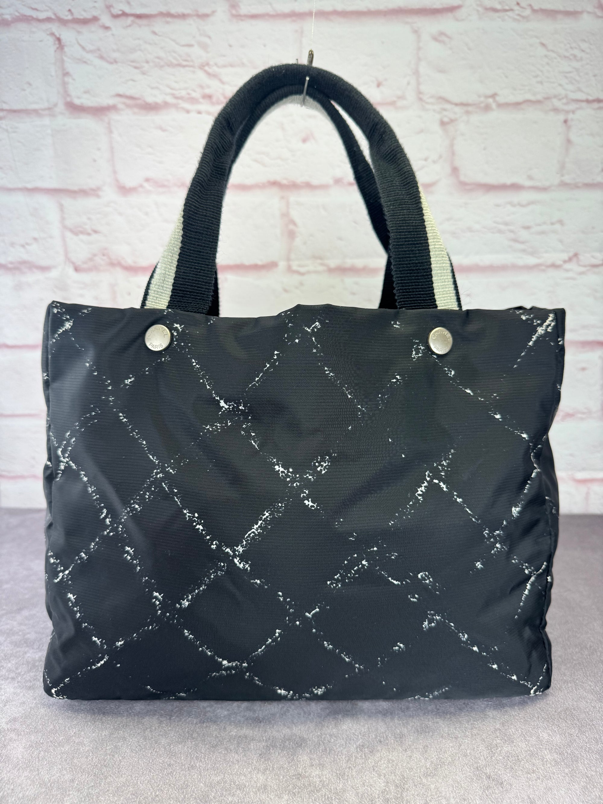 Chanel Travel Ligne Black Plaid Nylon Tote with Pouch