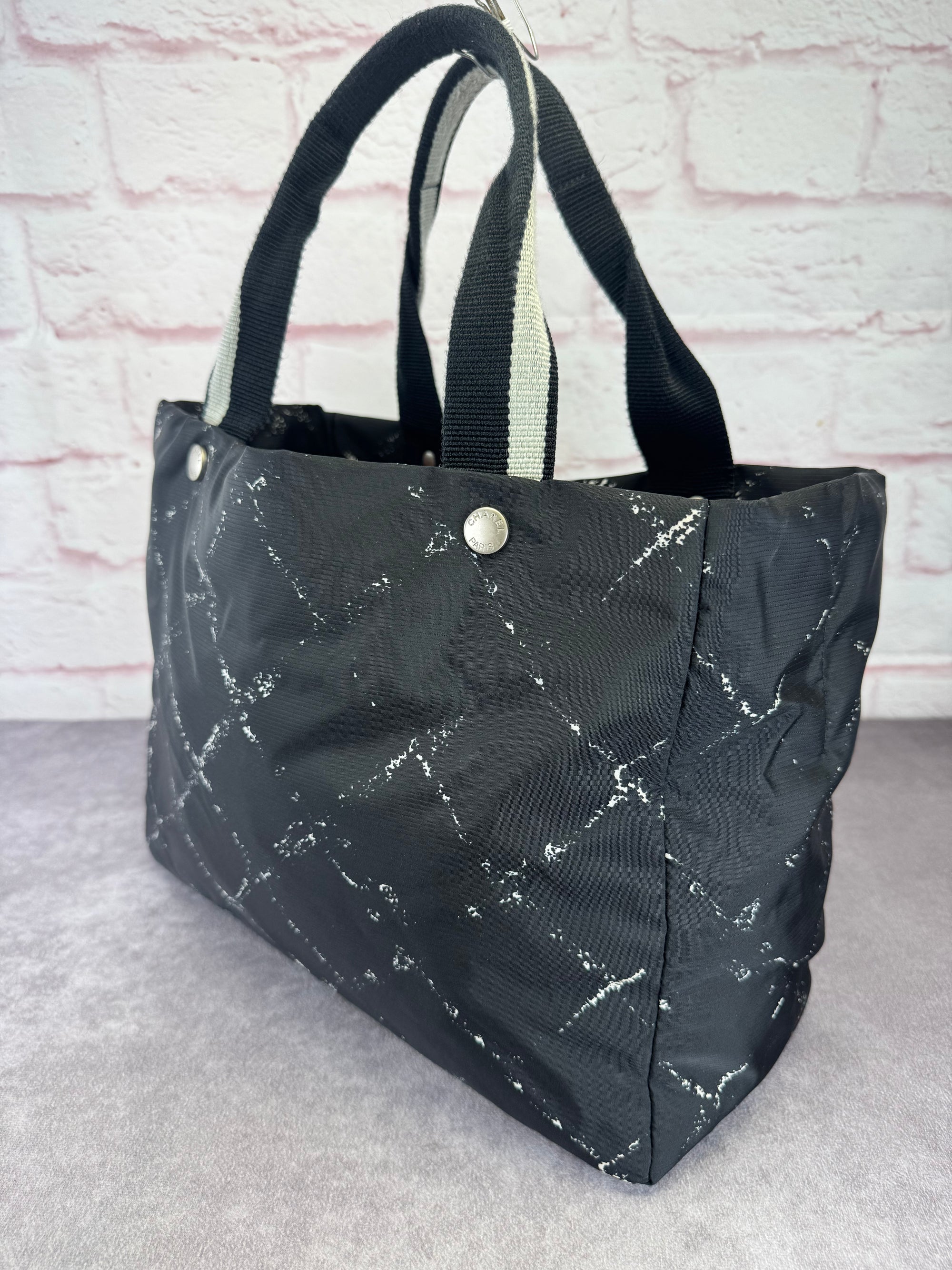 Chanel Travel Ligne Black Plaid Nylon Tote with Pouch