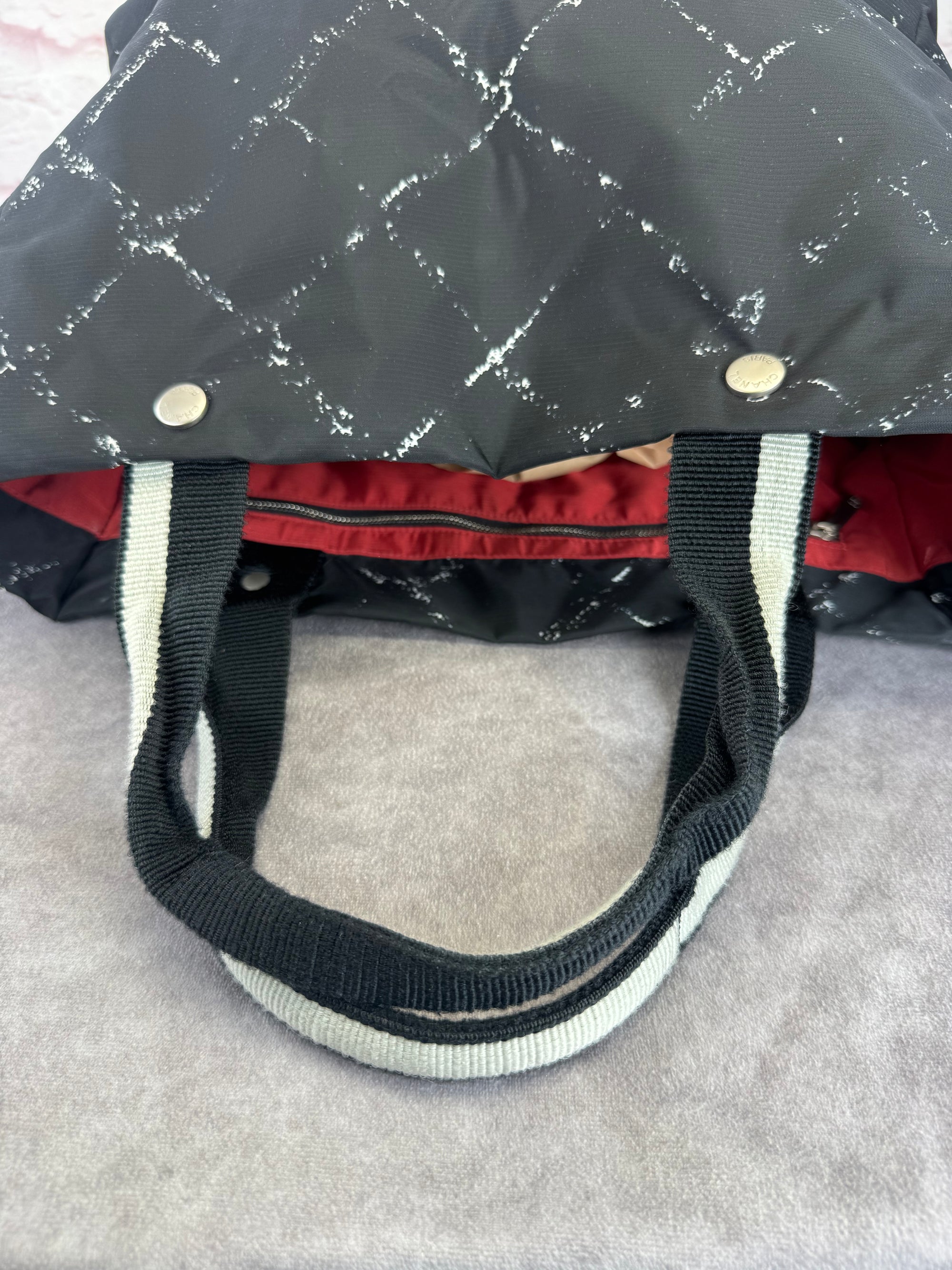 Chanel Travel Ligne Black Plaid Nylon Tote with Pouch