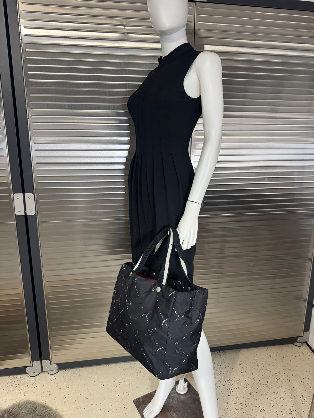 Chanel Travel Ligne Black Plaid Nylon Tote with Pouch