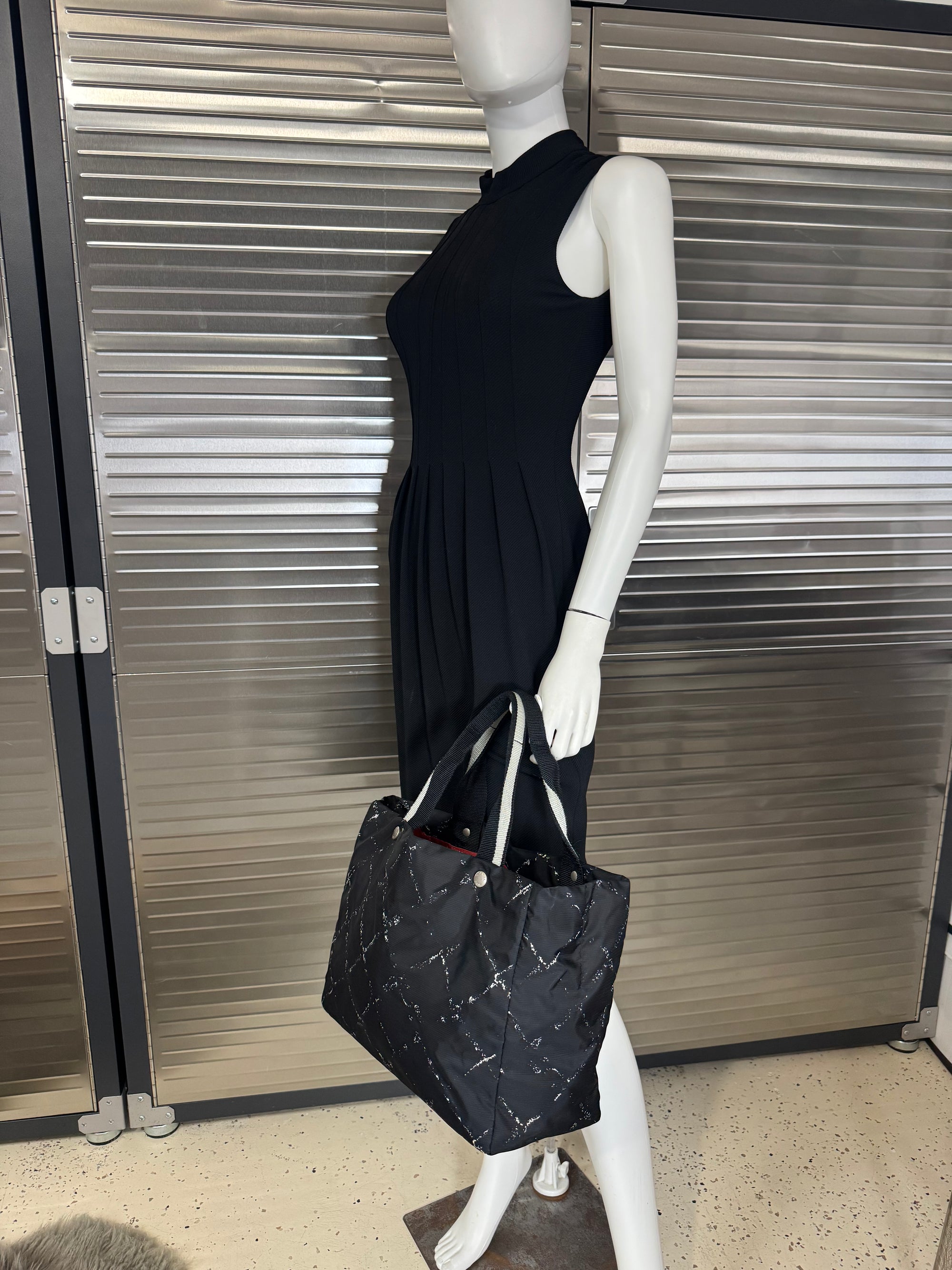 Chanel Travel Ligne Black Plaid Nylon Tote with Pouch