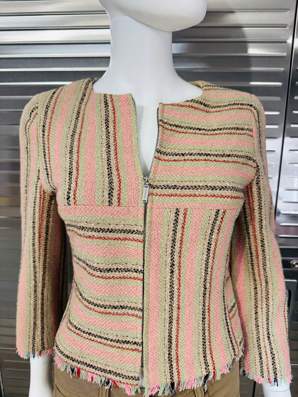 Chanel Wool Fringe Tweed Zip Up Blazer 36 FR