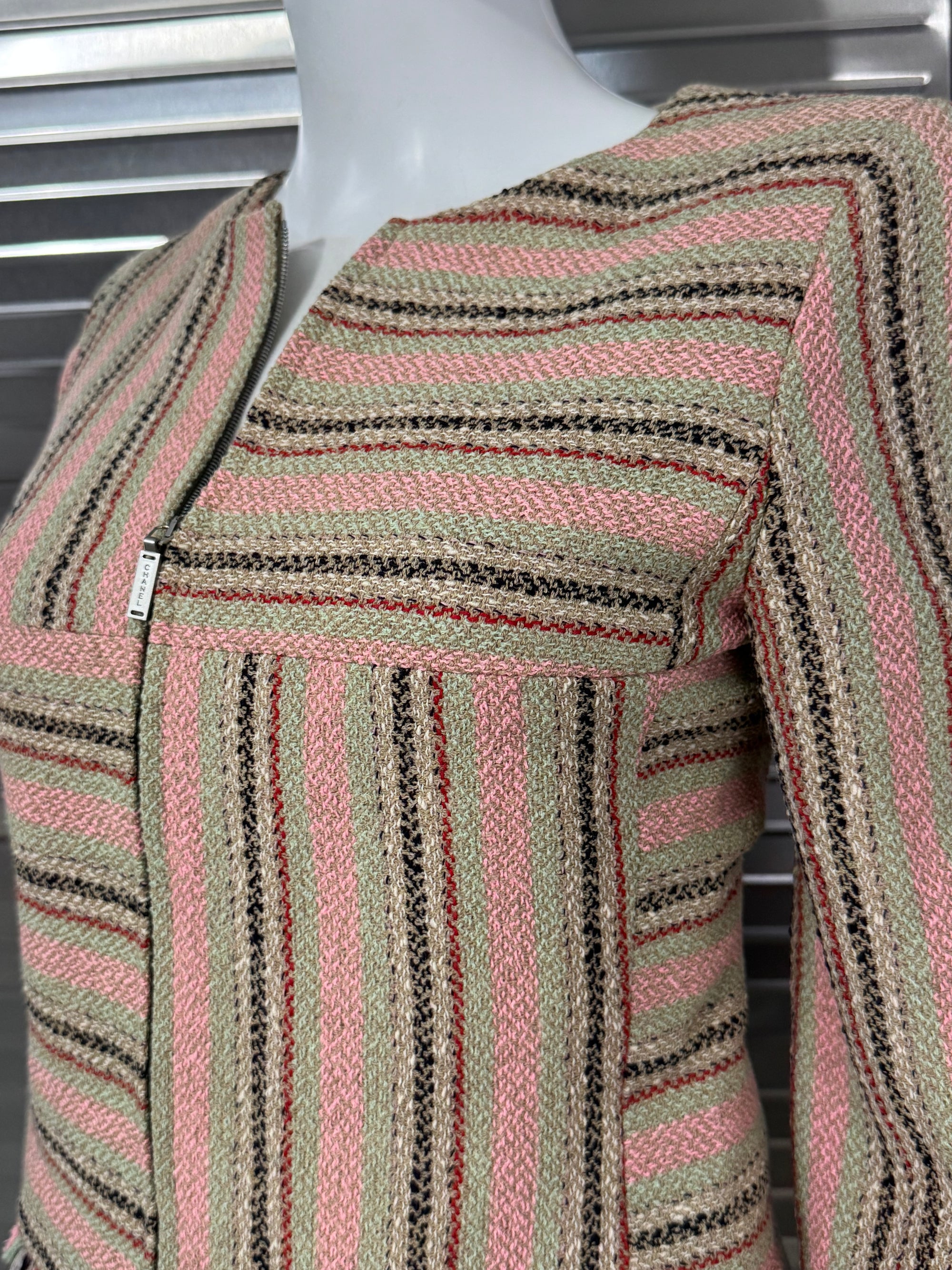 Chanel Wool Fringe Tweed Zip Up Blazer 36 FR