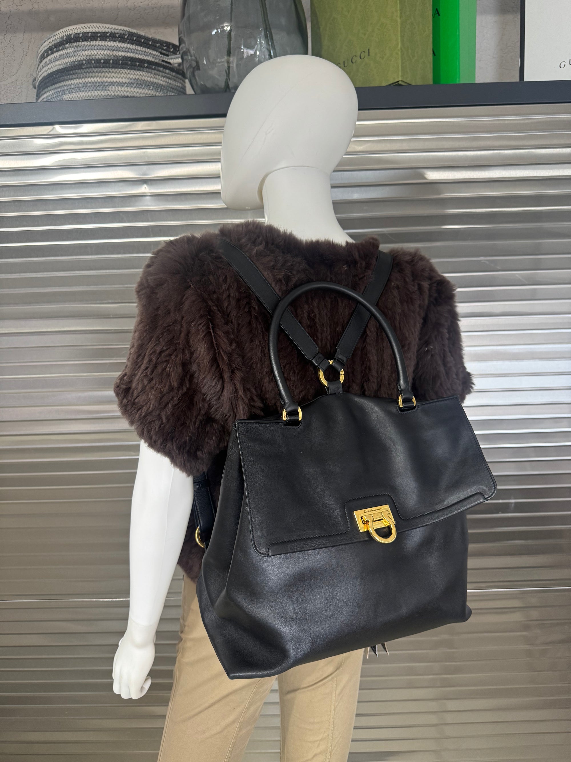 Salvatore Ferragamo Trifolio Black Leather Medium Backpack