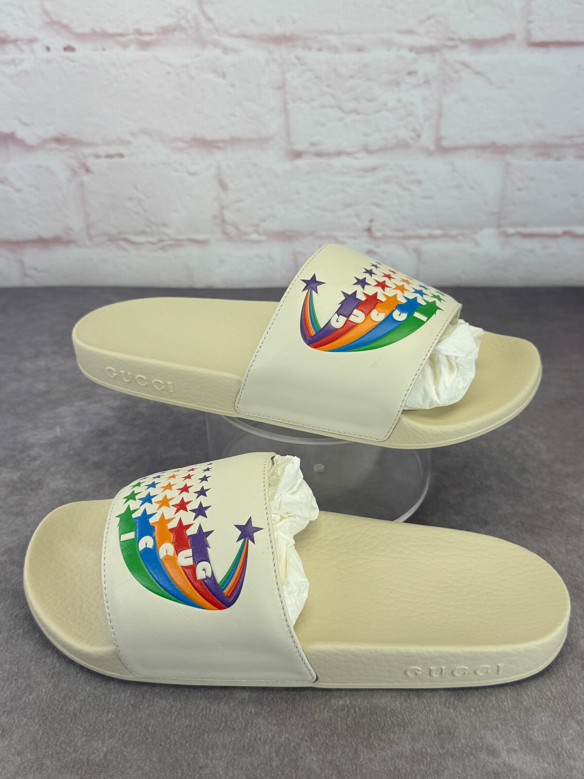 Gucci New Rainbow Pursuit Slide Sandals 38 Mystic White