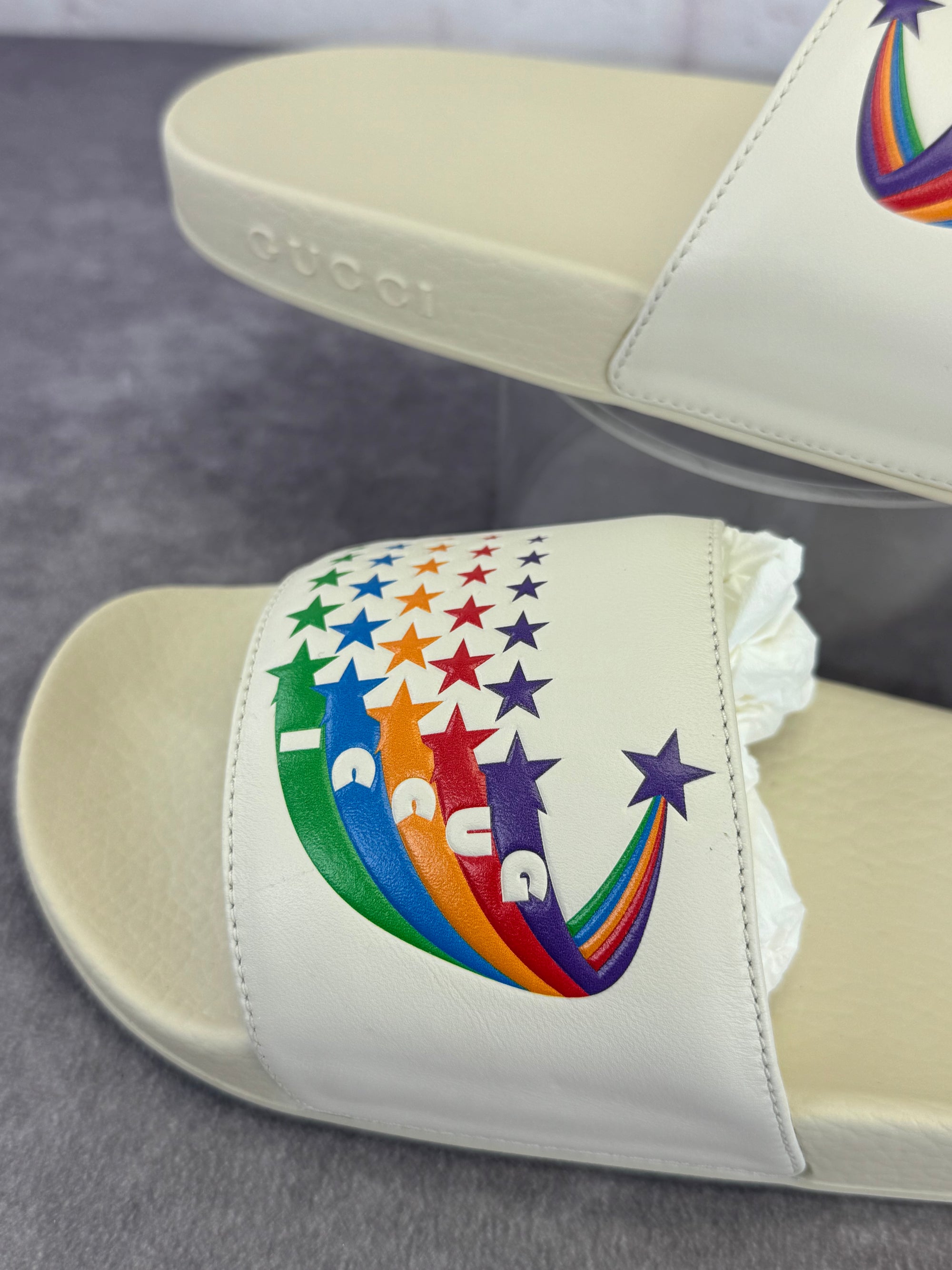 Gucci New Rainbow Pursuit Slide Sandals 38 Mystic White