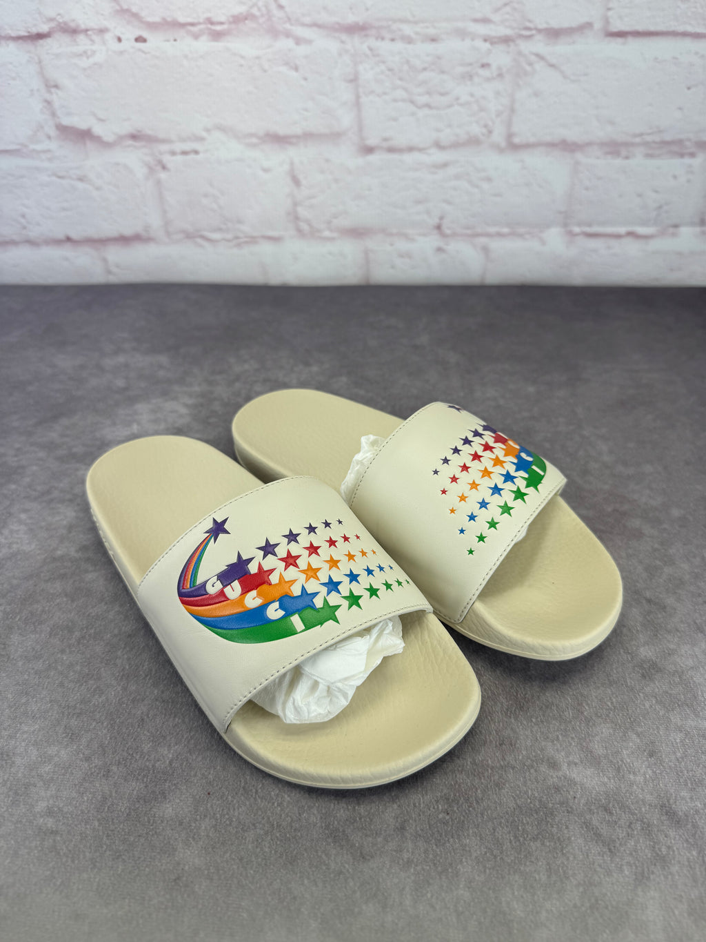Gucci New Rainbow Pursuit Slide Sandals 38 Mystic White