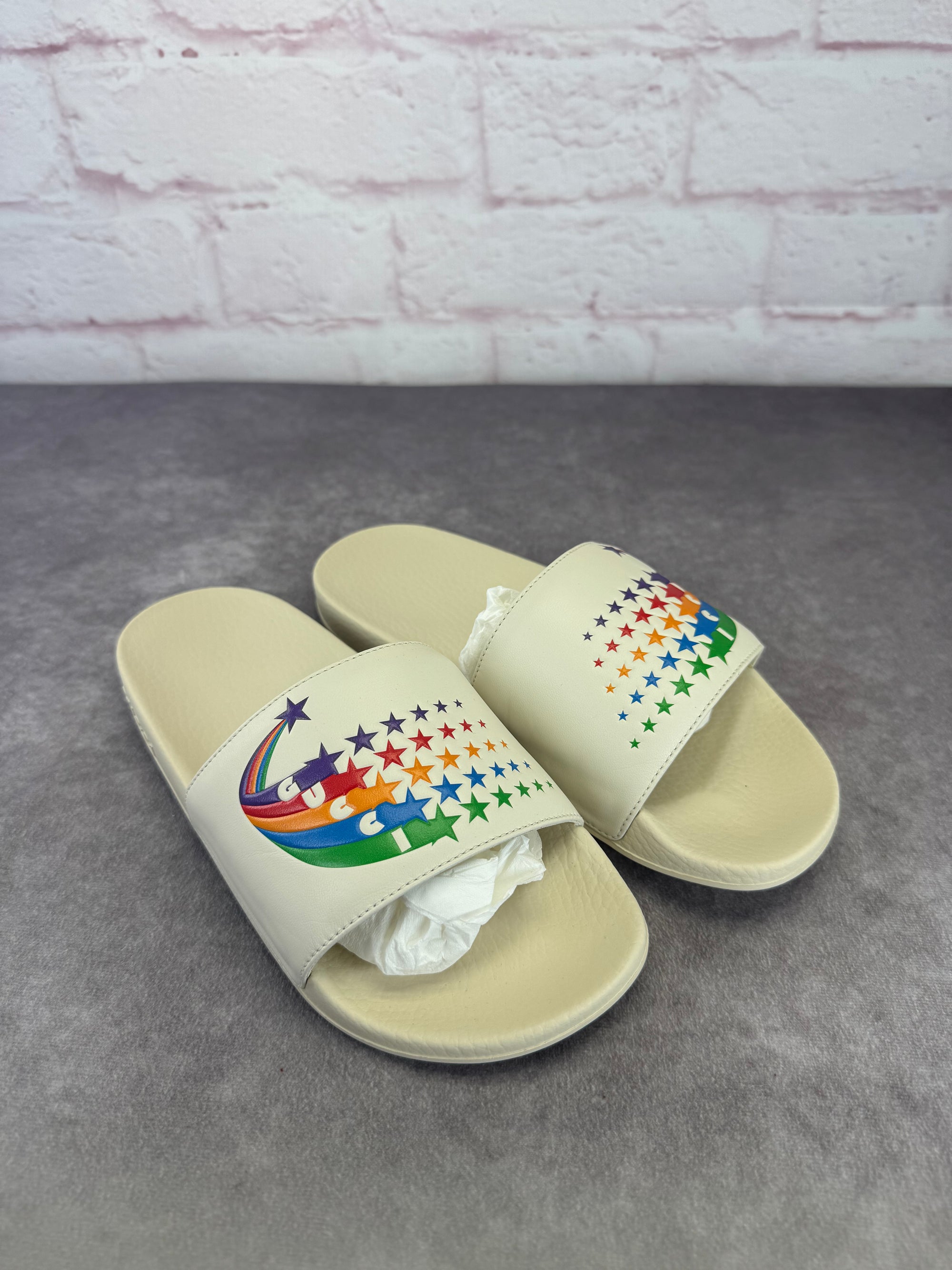 Gucci New Rainbow Pursuit Slide Sandals 38 Mystic White