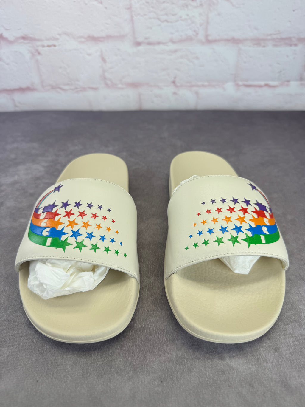 Gucci New Rainbow Pursuit Slide Sandals 38 Mystic White