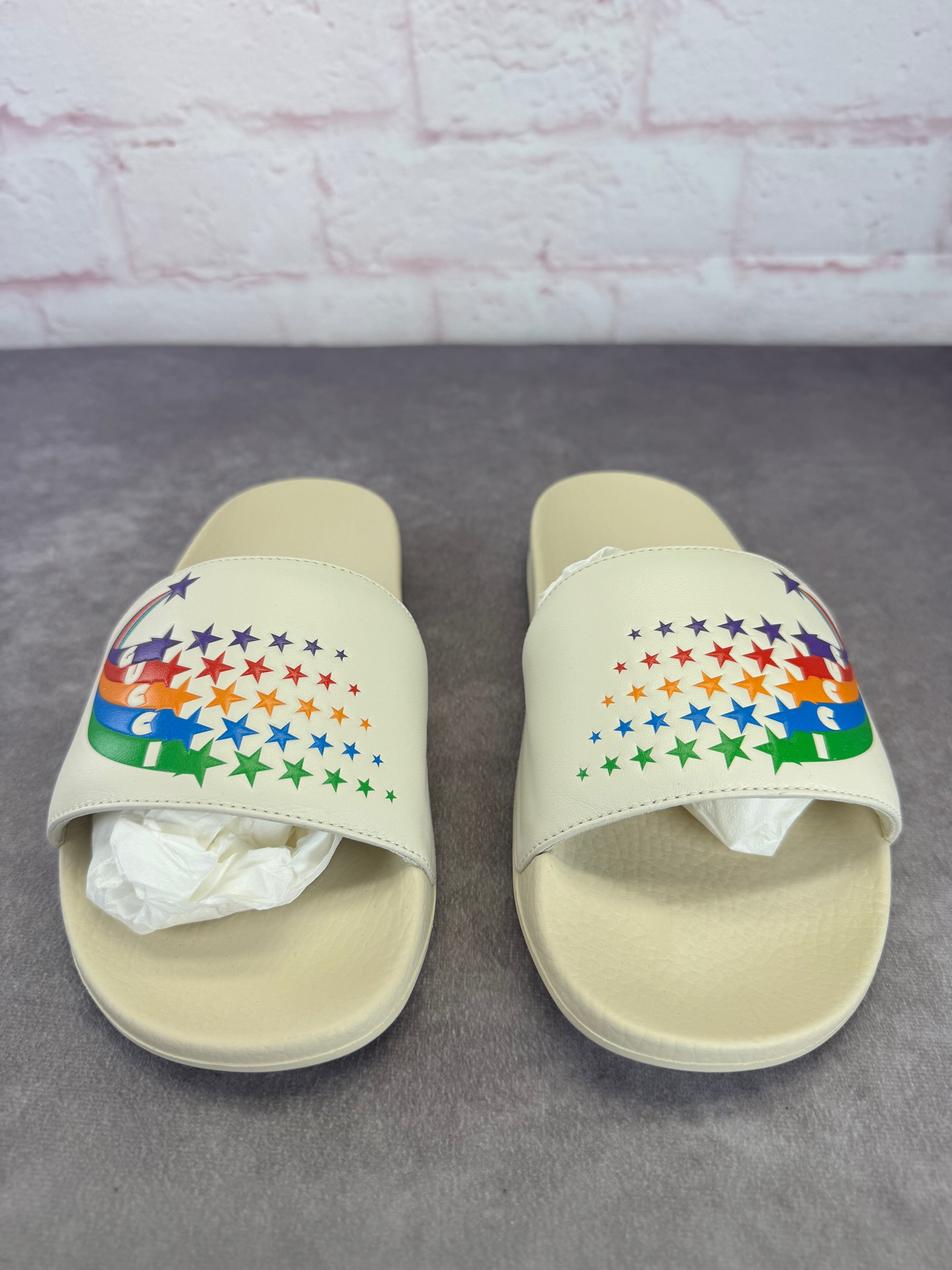 Gucci New Rainbow Pursuit Slide Sandals 38 Mystic White