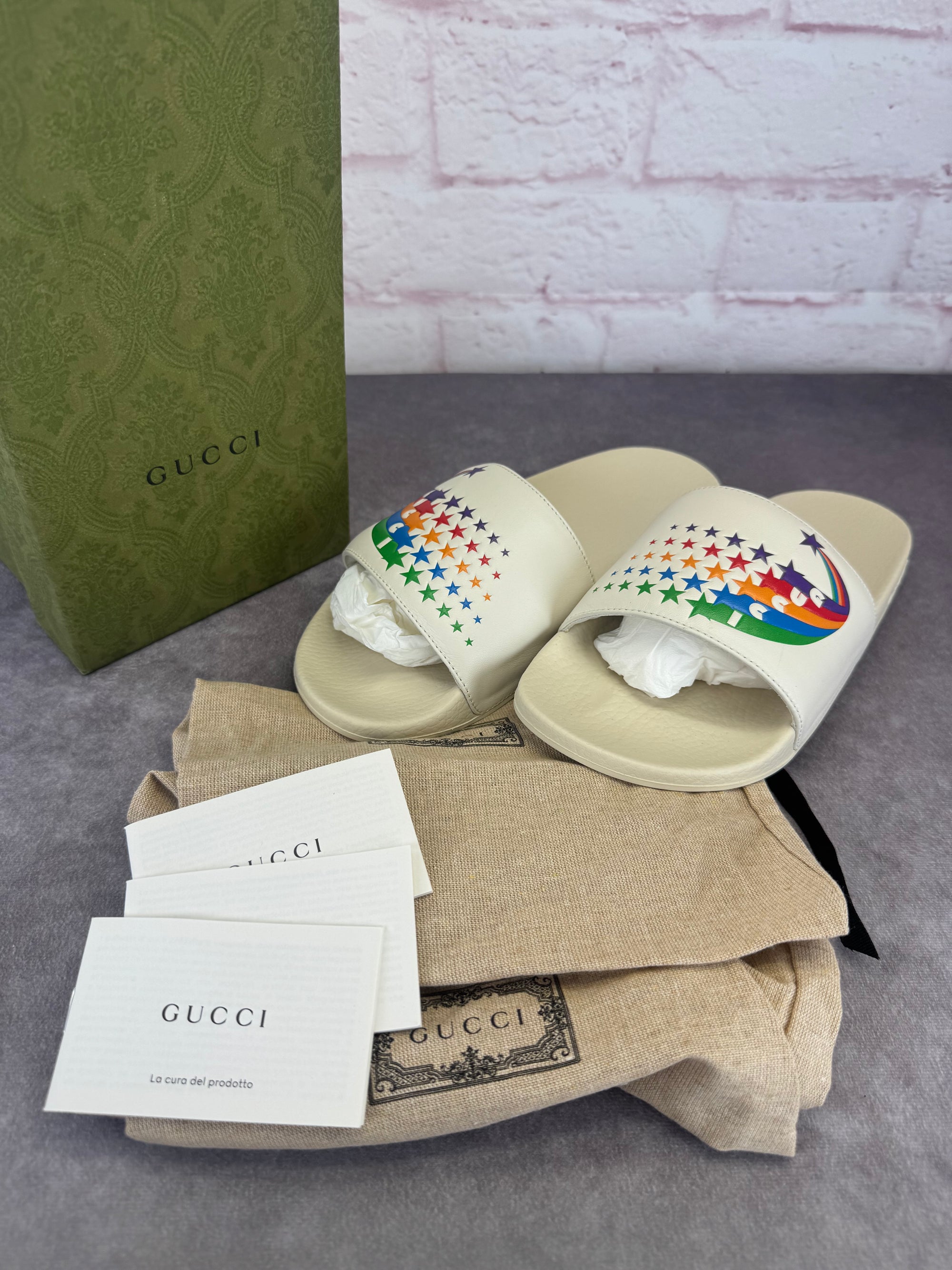 Gucci New Rainbow Pursuit Slide Sandals 38 Mystic White