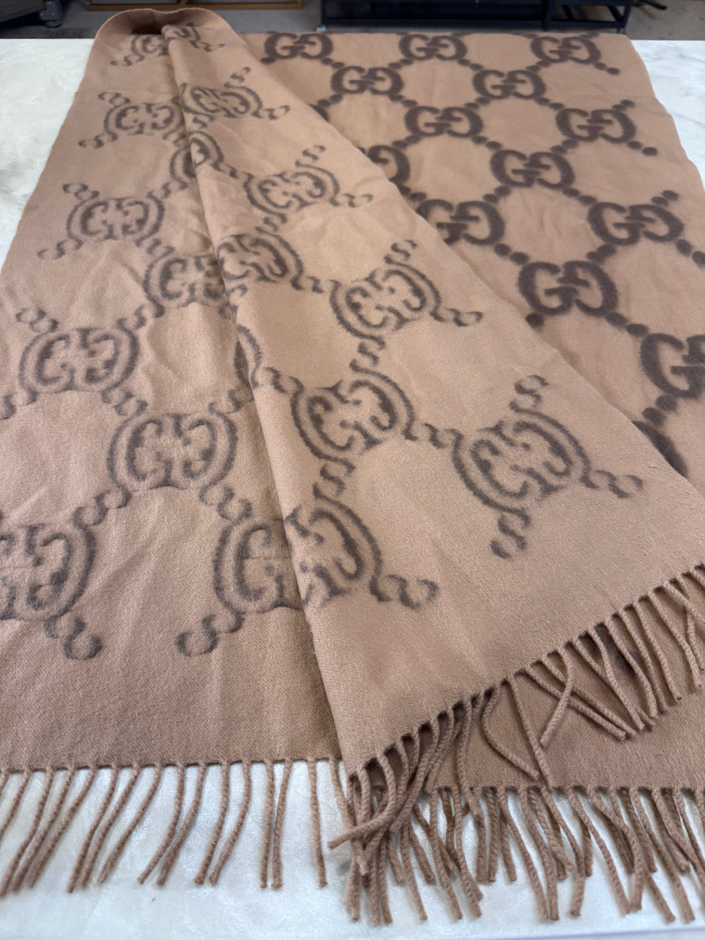 Gucci Jumbo GG Monogram Wool & Silk Fringe Scarf