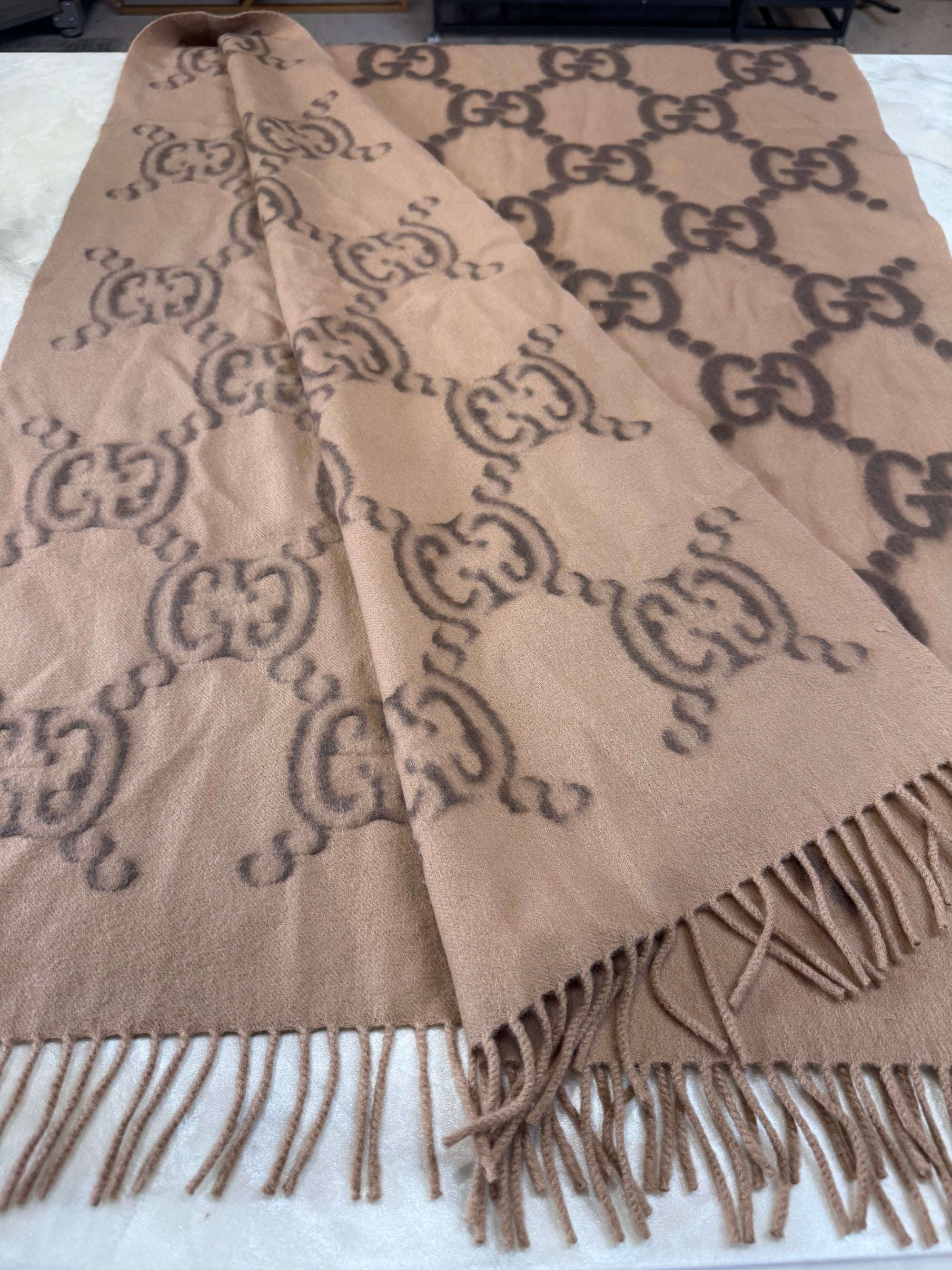 Gucci Jumbo GG Monogram Wool & Silk Fringe Scarf