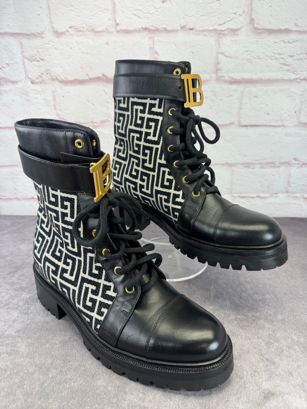 Balmain Jacquard Ranger Romy Lace Up Combat Boots 41