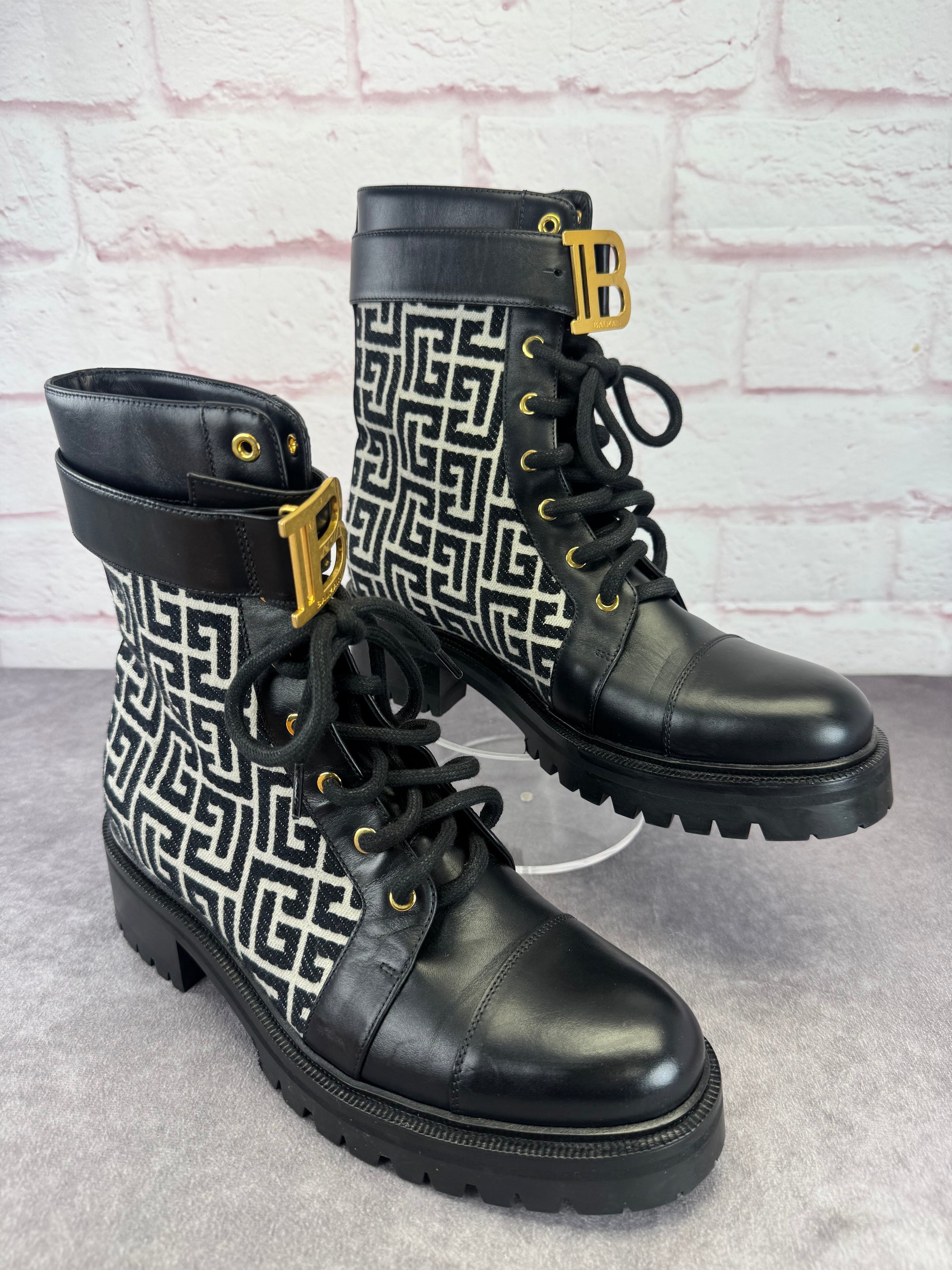 Balmain Jacquard Ranger Romy Lace Up Combat Boots 41