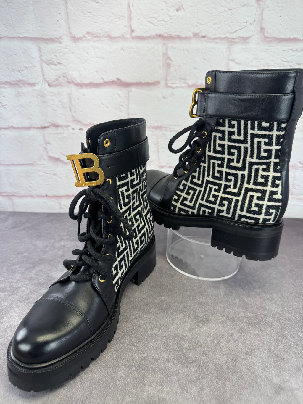 Balmain Jacquard Ranger Romy Lace Up Combat Boots 41