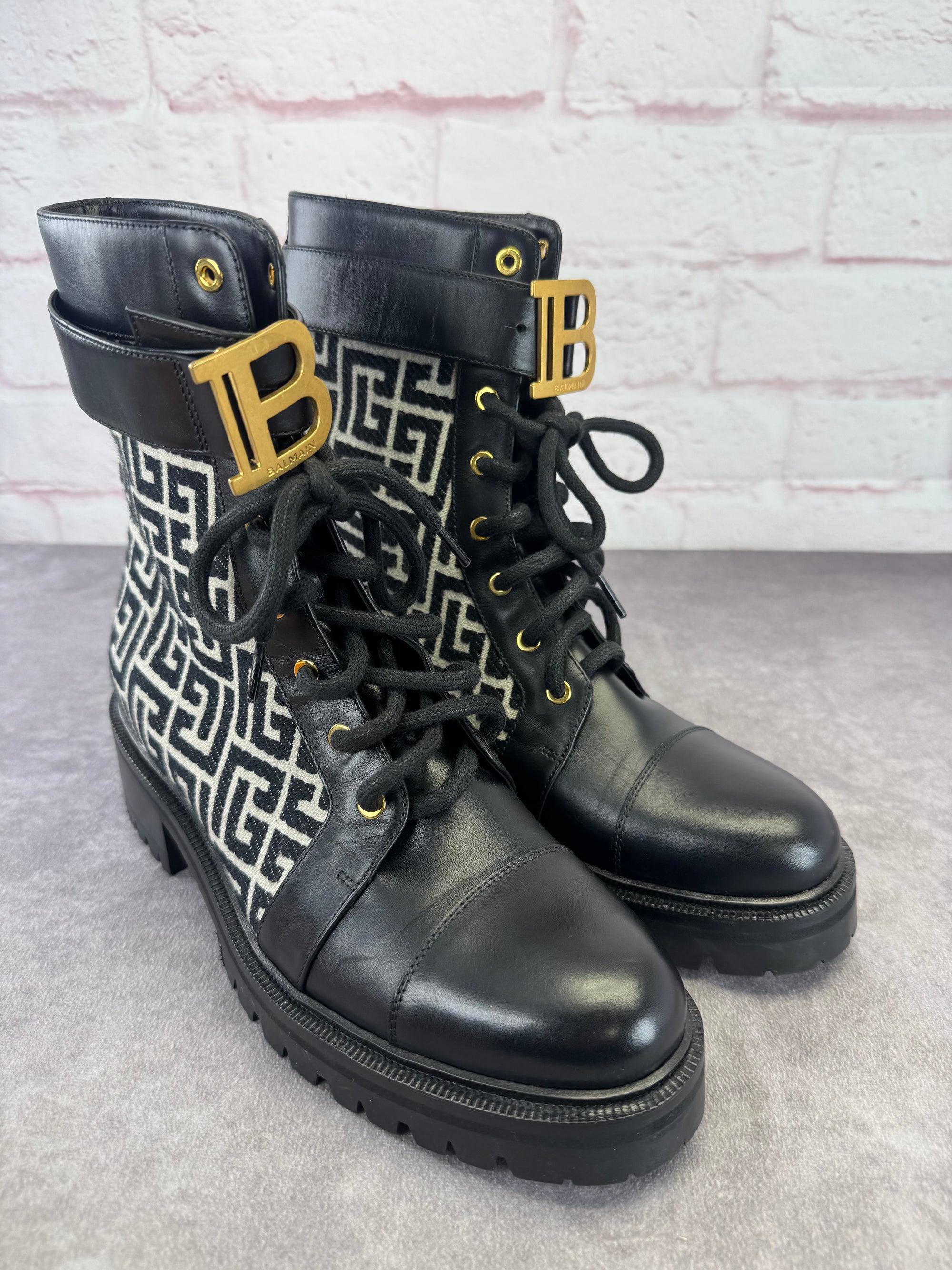 Balmain Jacquard Ranger Romy Lace Up Combat Boots 41